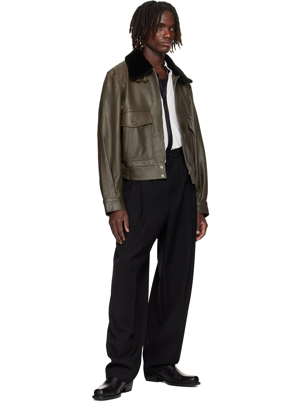 Khaki Aviator Leather Jacket - 4