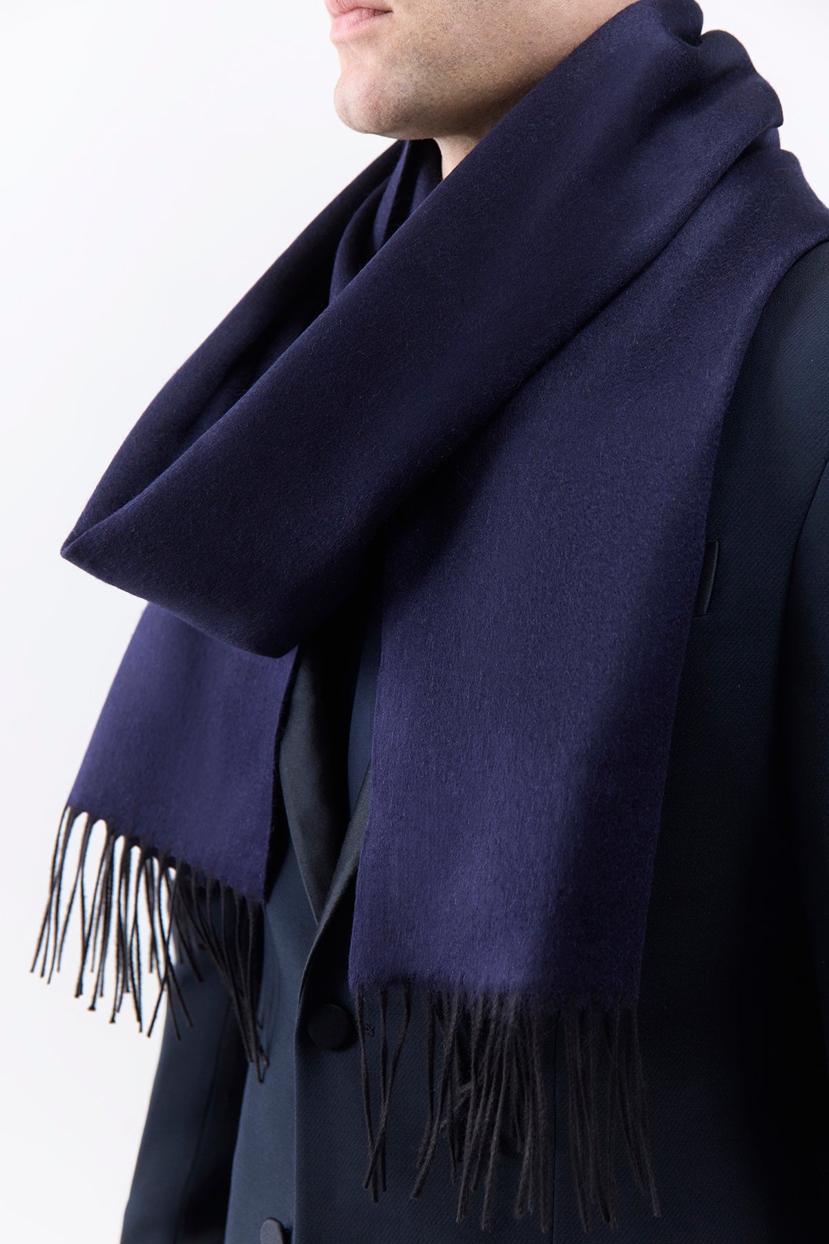 Blaine Fringe Scarf in Dark Navy Silk Cashmere - 5