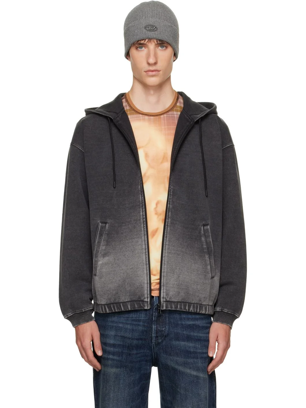 Gray Dégradé-Effect Scuba Hoodie - 1
