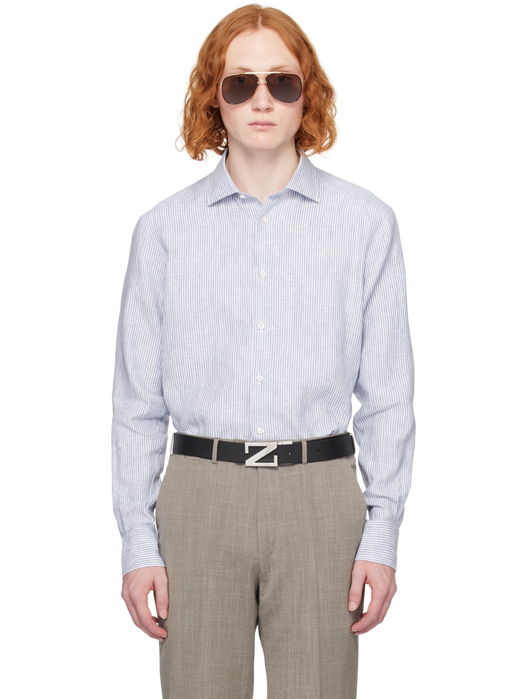 White & Blue Spread Collar Shirt - 1