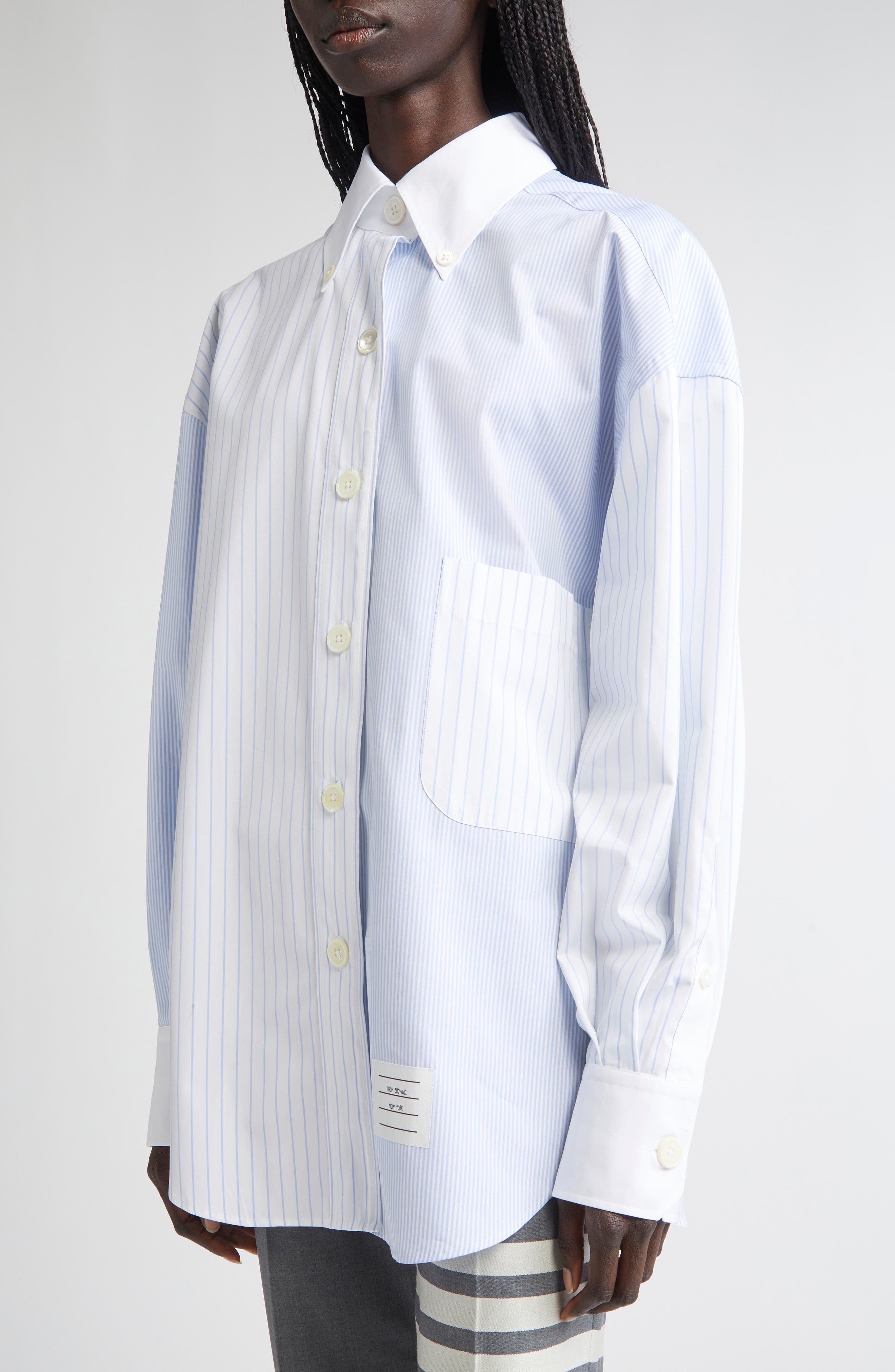 Thom Browne Fin-Mix Stripe Supima® Cotton Poplin Button-Down Shirt in Light Blue at Nordstrom - 5