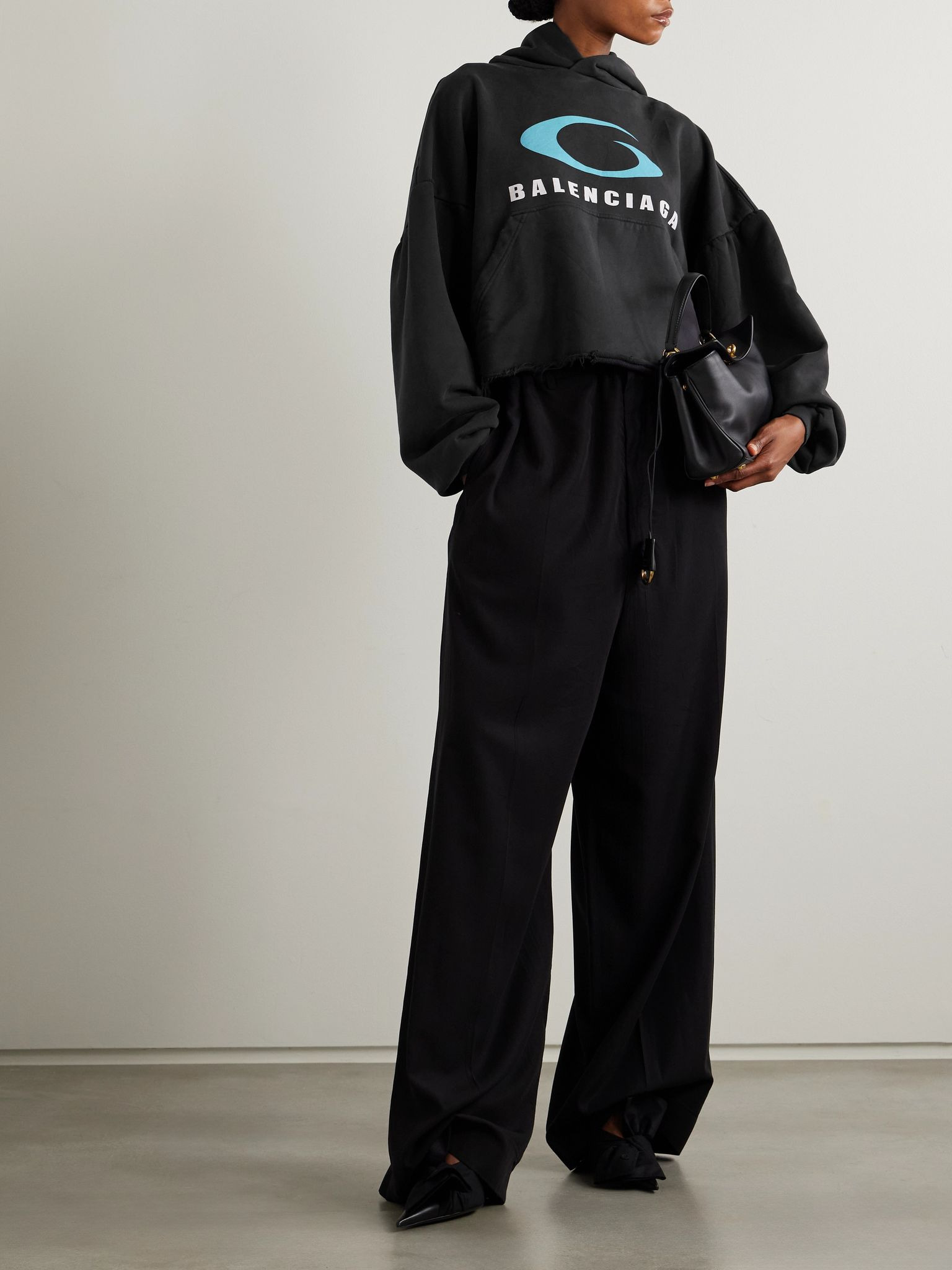 Oversized cropped distressed printed cotton-jersey hoodie Black - 2