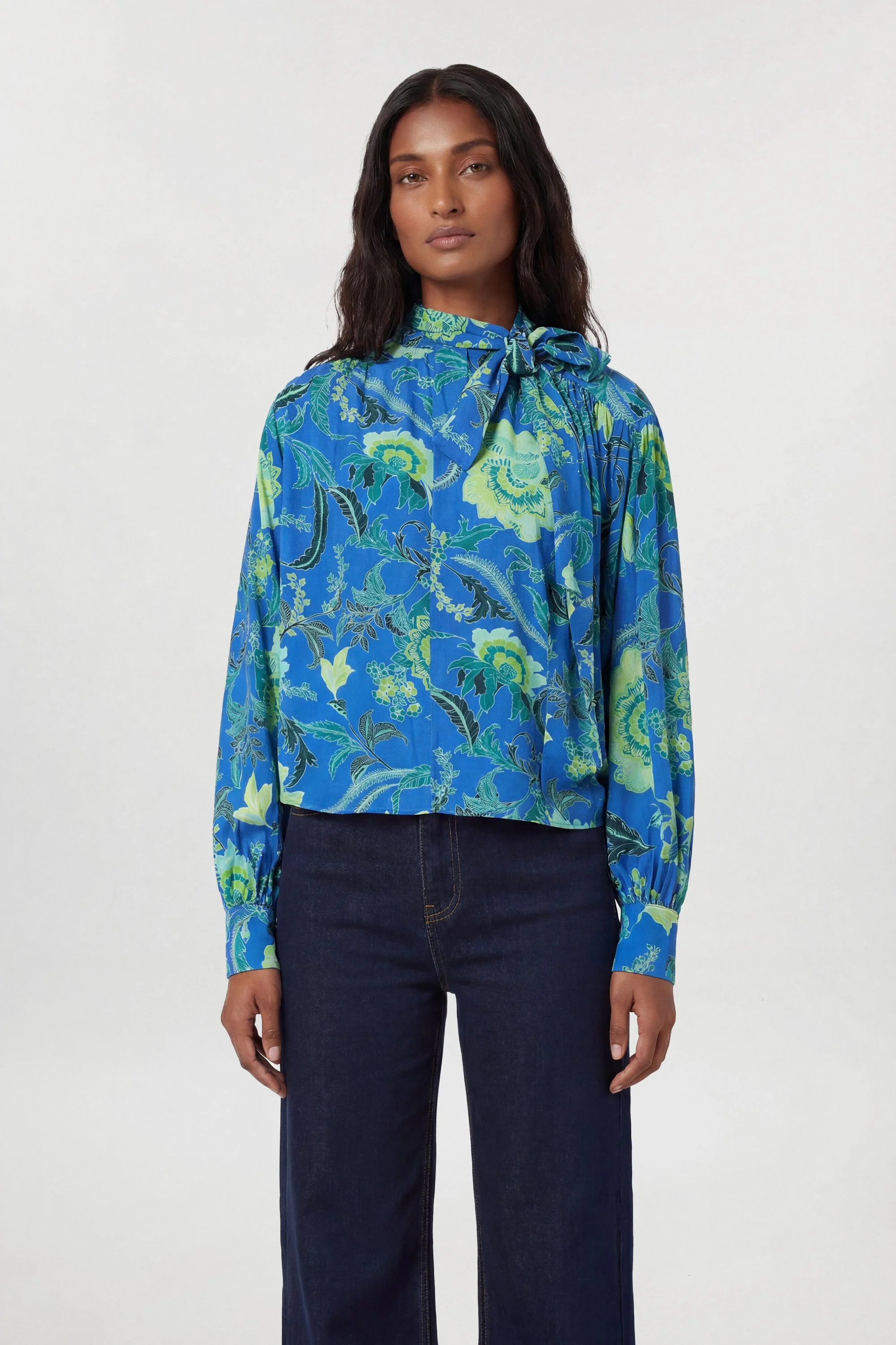 Viscose Woven Stripe Contrast Blue Floral Blouse - 1