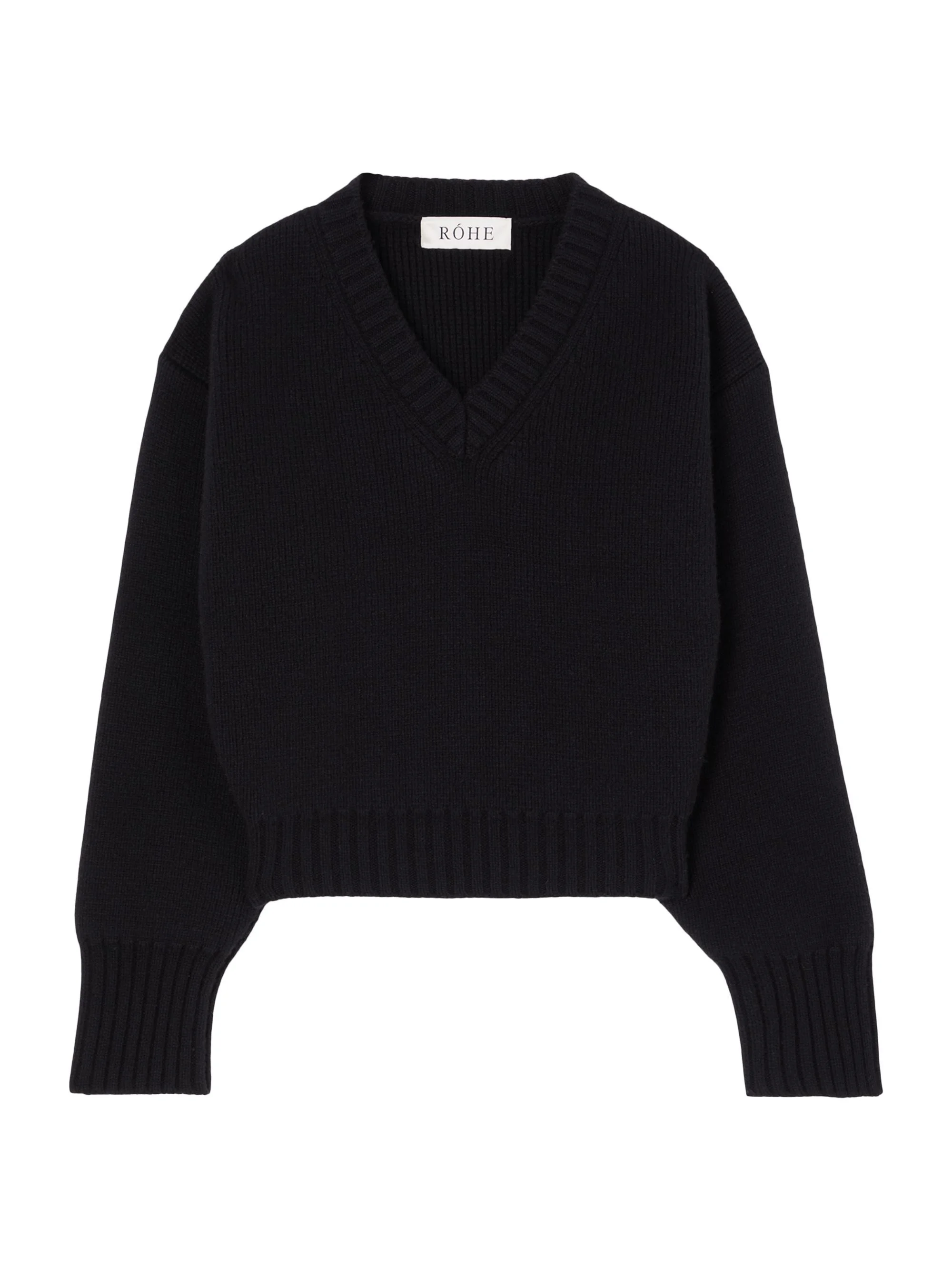 Women's Compact-Knit Wool V-Neck Sweater - Black - 1