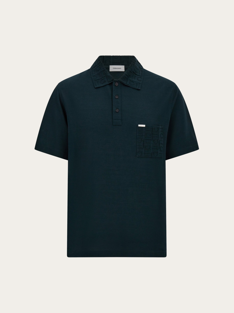 V-neck polo with jacquard pocket detail 1