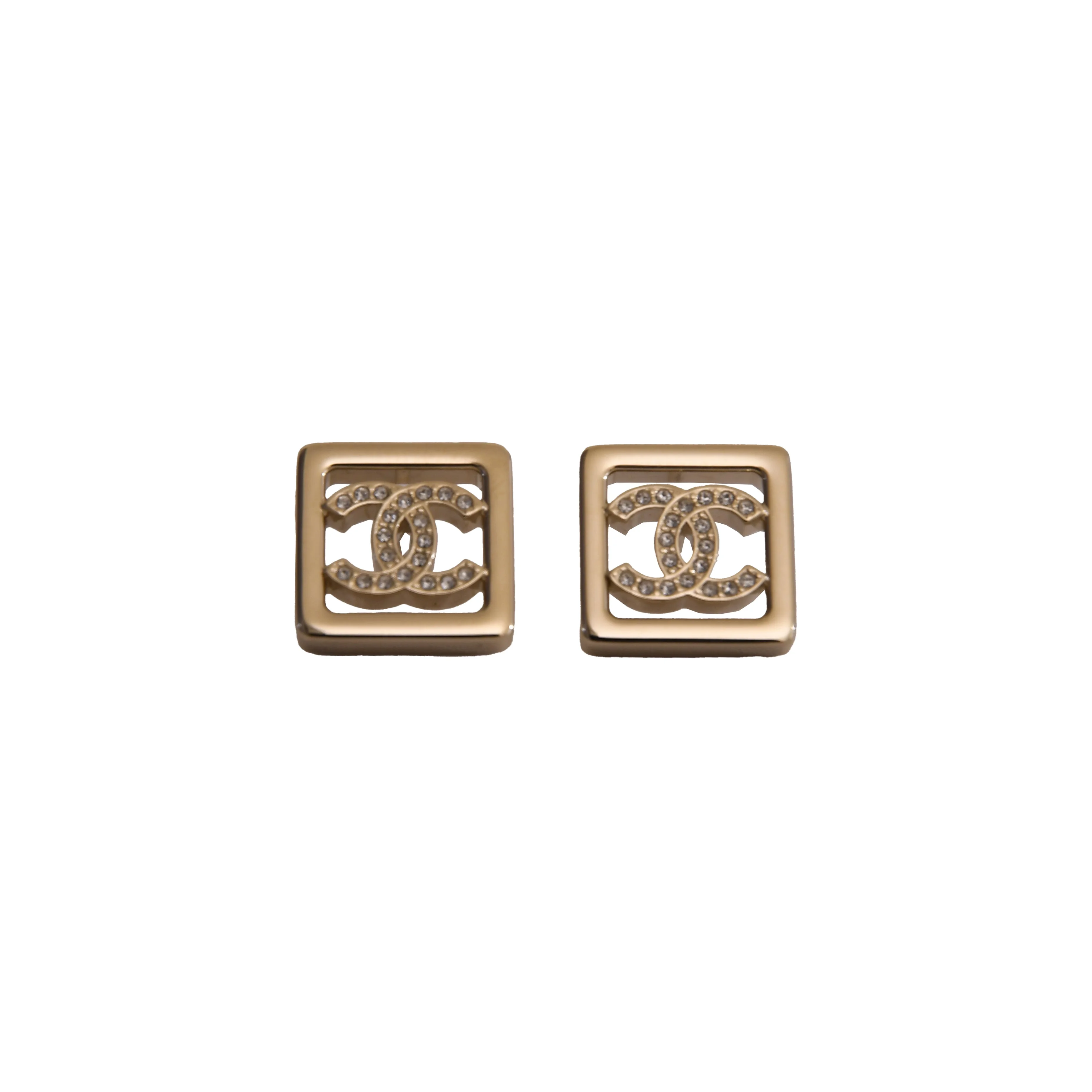 Chanel CC Crystal Strass Square Stud Earrings Gold - 1