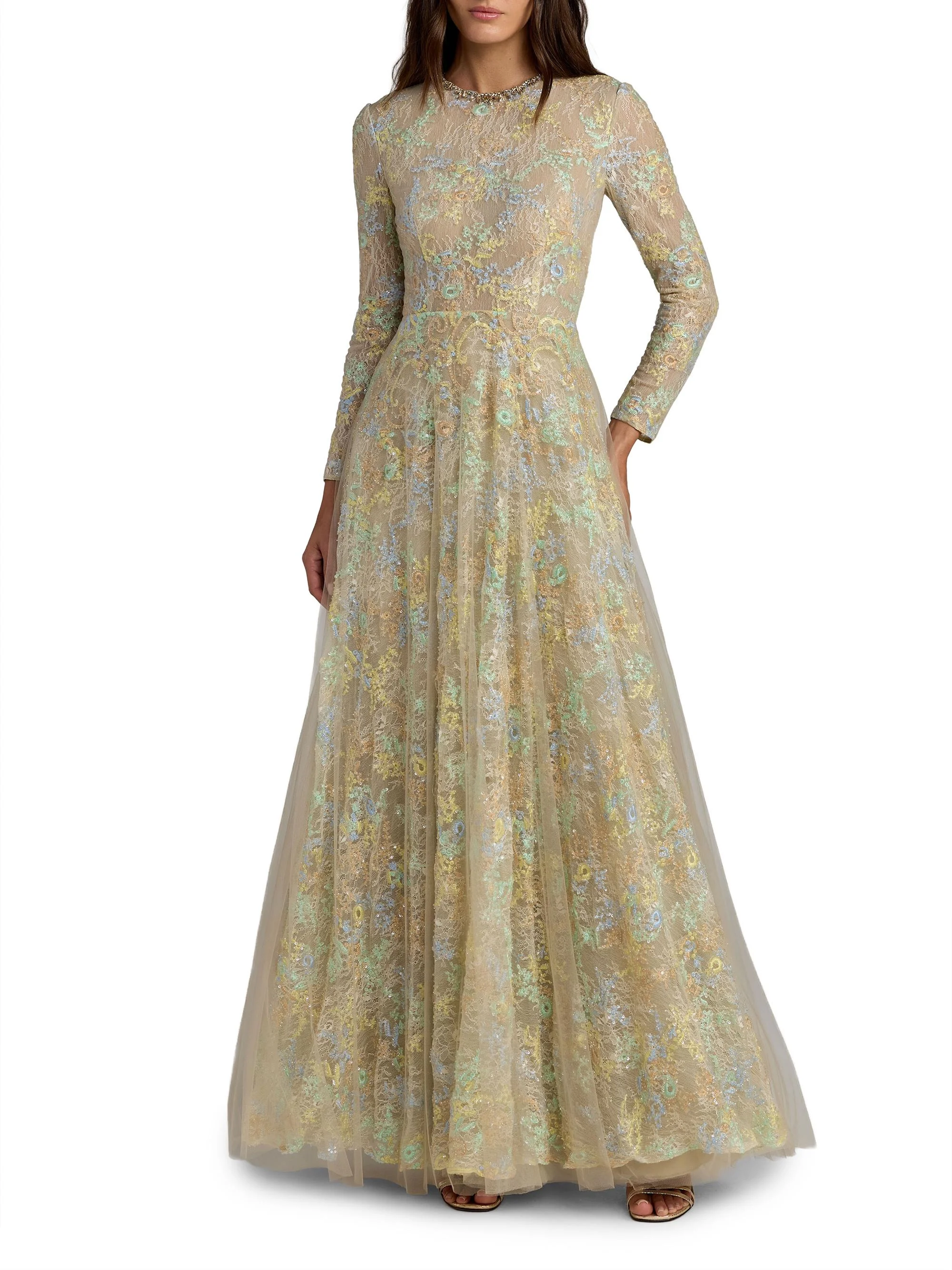 Women's Embroidered Lace Fit-&-Flare Gown - Beige Multi - 1