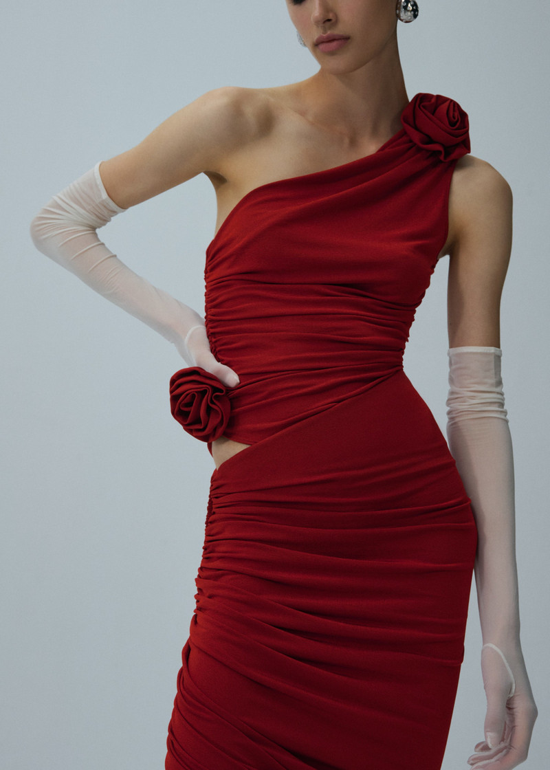 Asymmetrical draped midi skirt in red 4