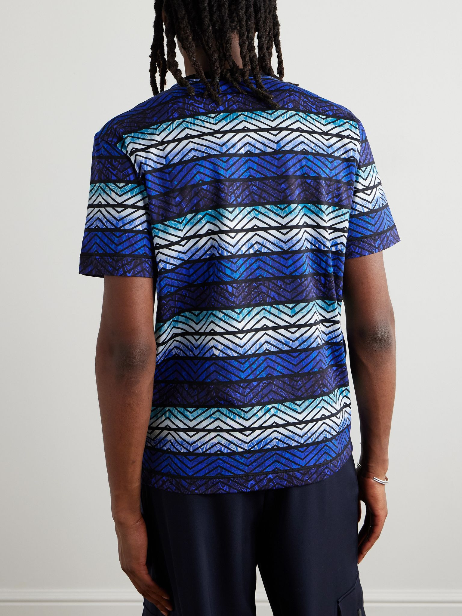 Printed Striped Cotton-Jersey T-Shirt Blue - 3