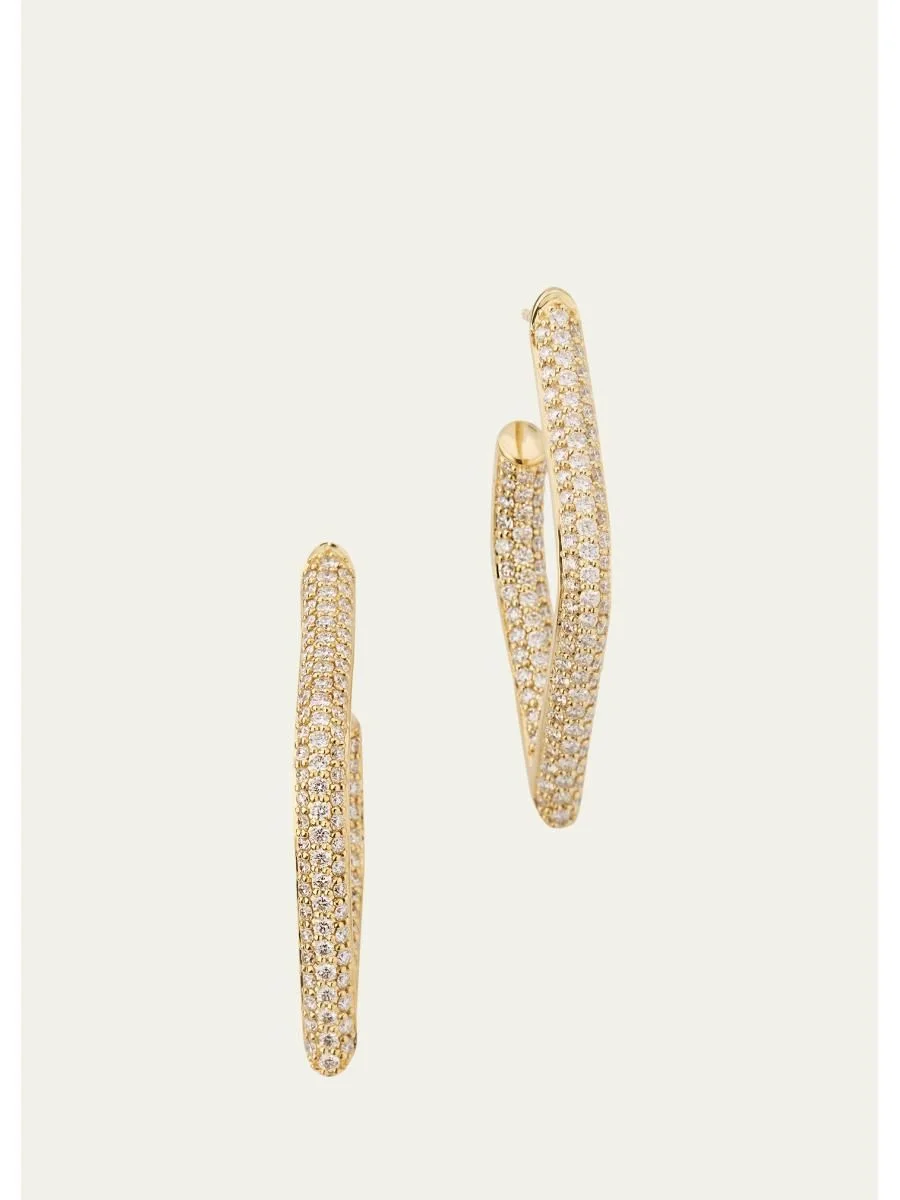 14K Pave Diamond Hollow Marquise Hoop Earrings - 1