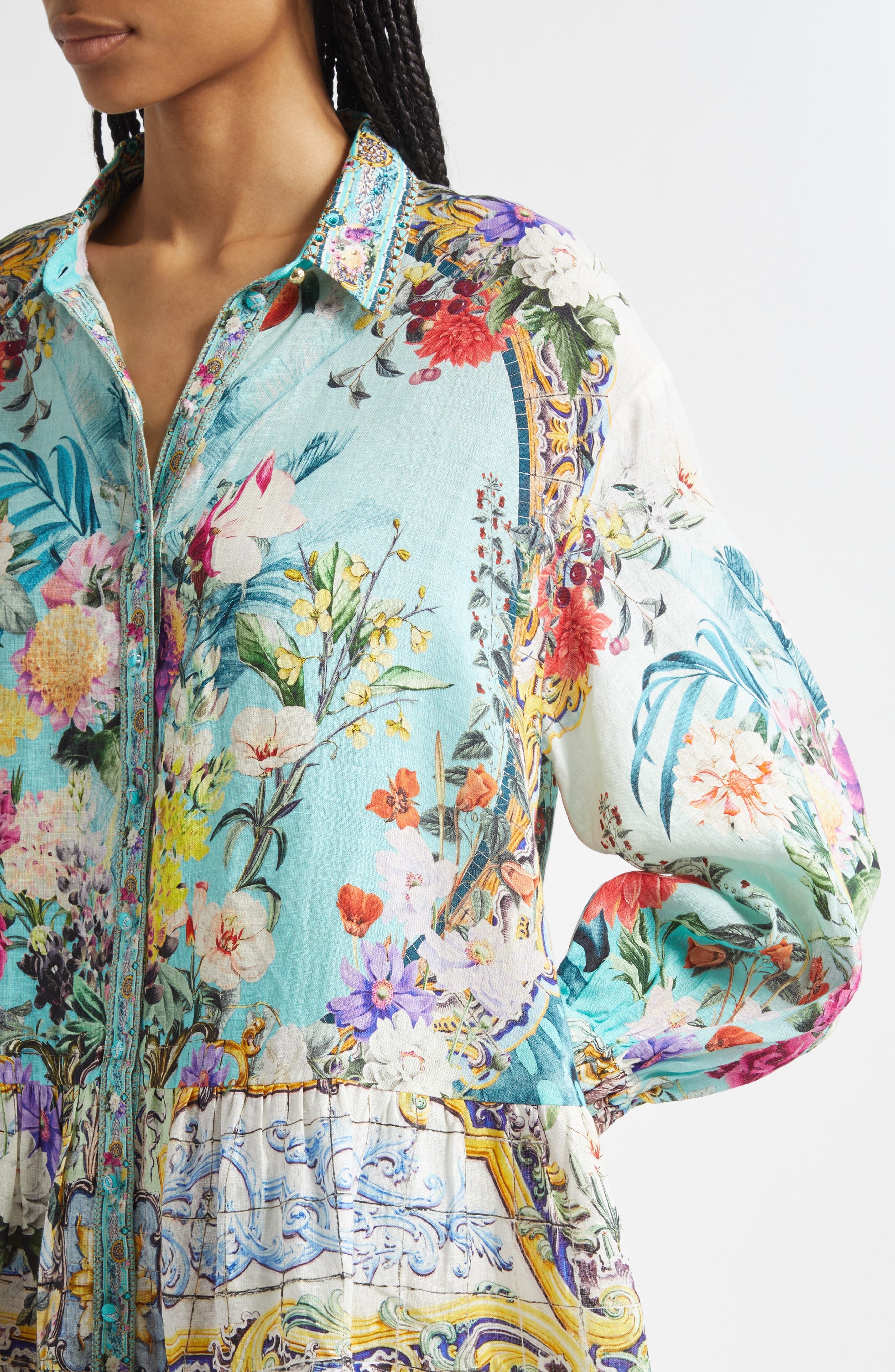 Camilla Tiered Long Sleeve Linen Shirtdress in Gardens Of Queluz at Nordstrom - 4