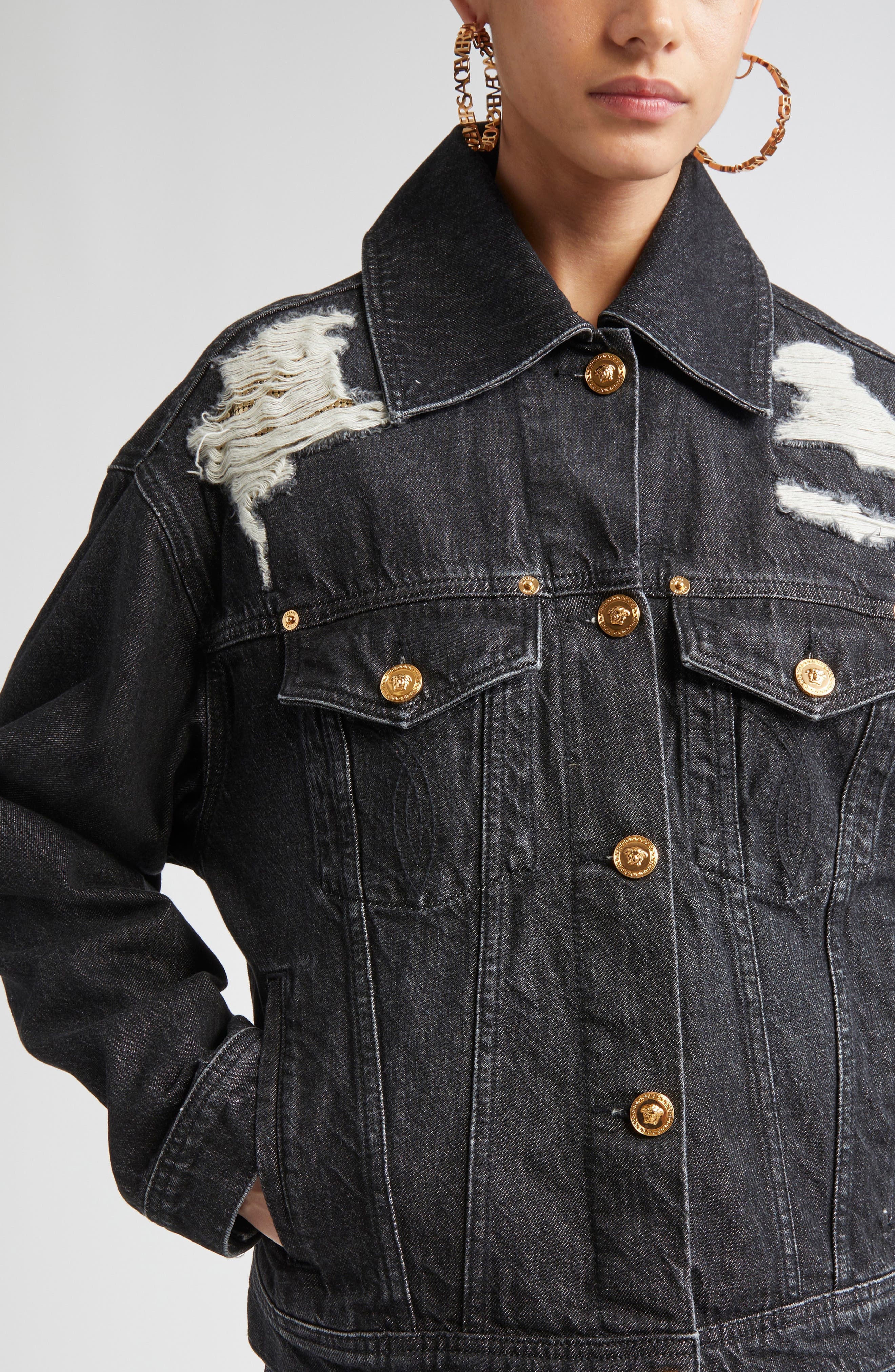 Versace Rip & Repair Denim Trucker Jacket in Black at Nordstrom - 5