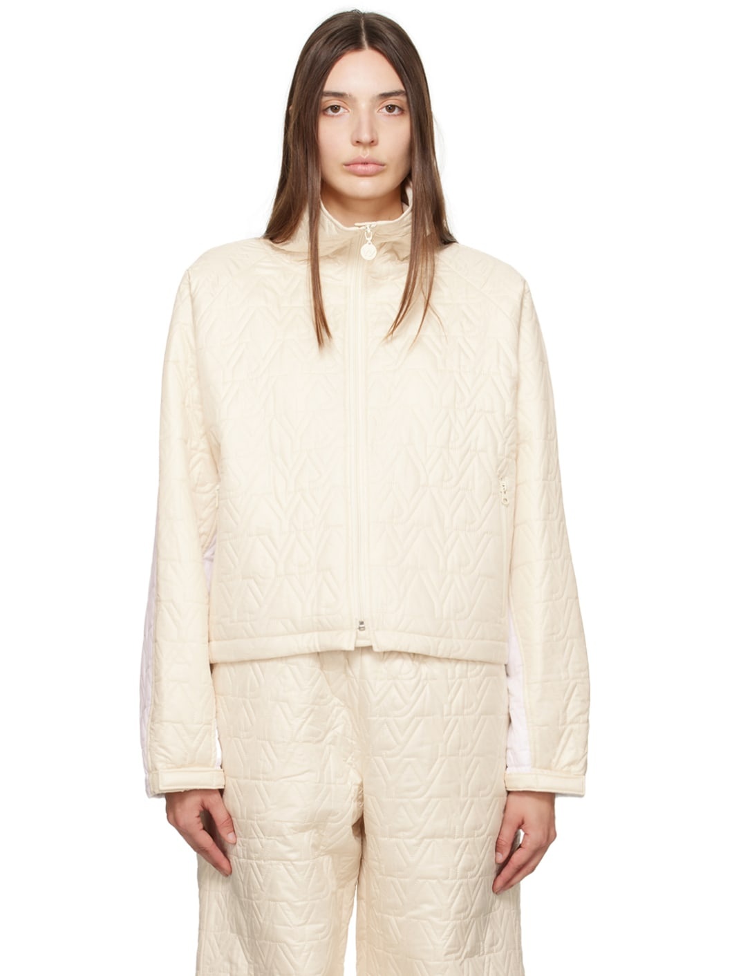 Beige & White 'YY' Quilted Bomber Jacket - 1