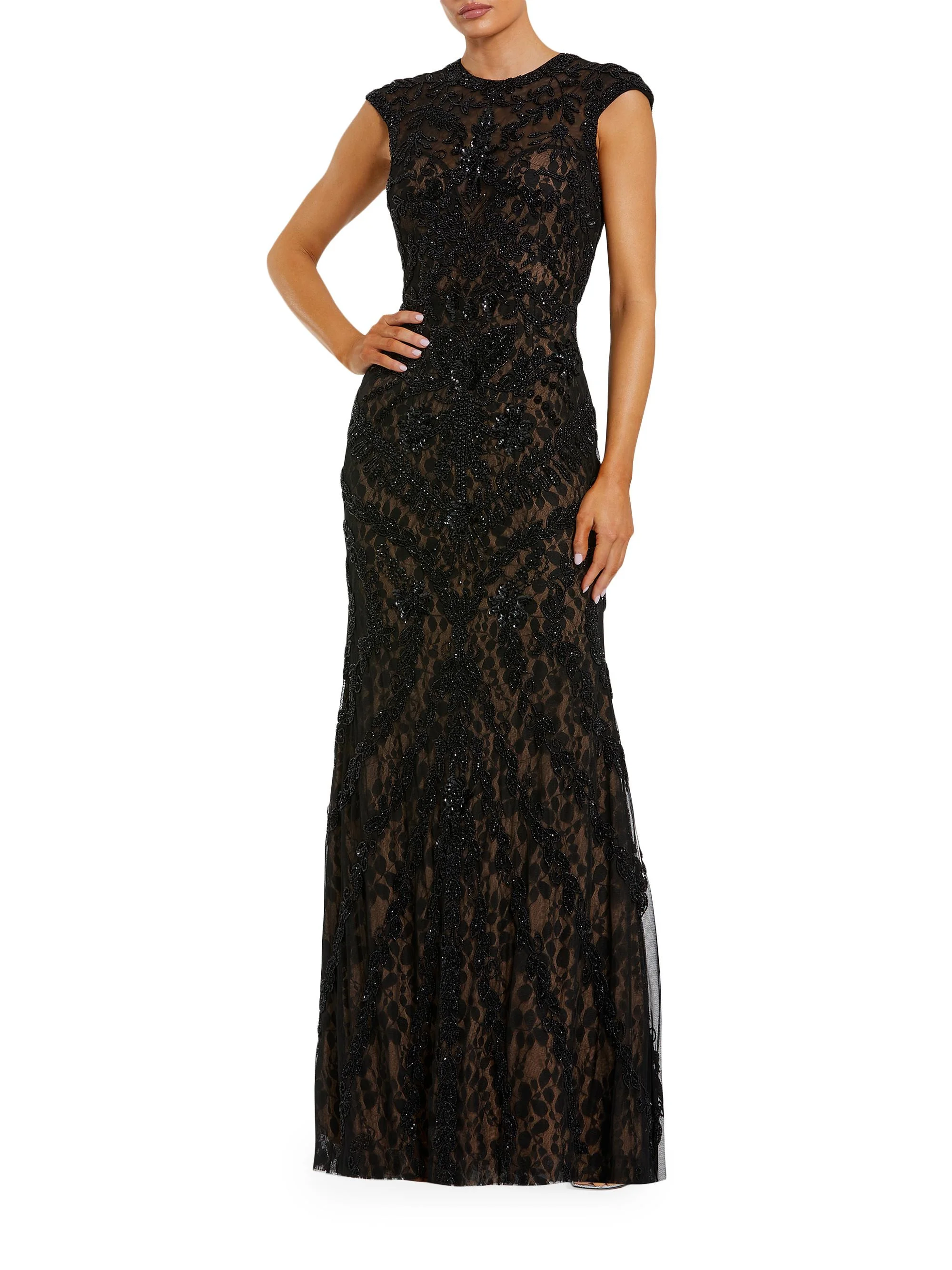 Women's Beaded Lace Cap-Sleeve Column Gown - Black Beige - 1