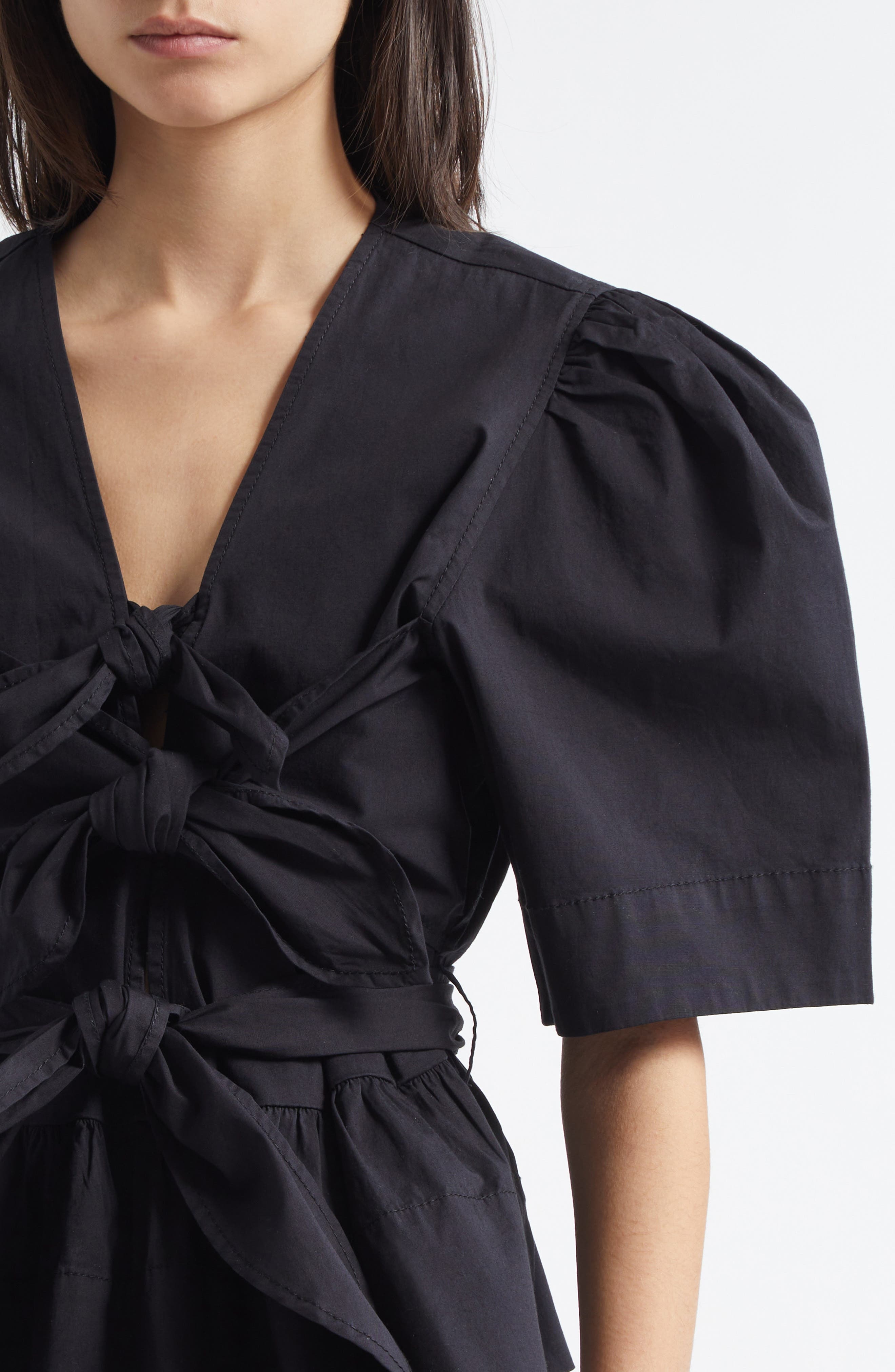 Ganni Bow Front Puff Sleeve Organic Cotton Poplin Top in Black at Nordstrom - 4