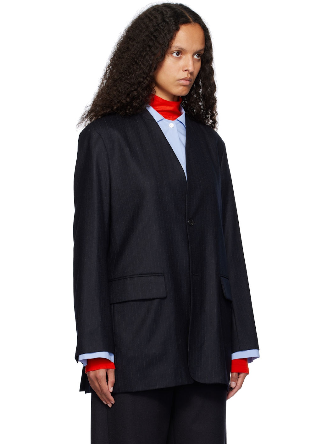 Navy Wool Fulling Flannel Stripe Blazer - 2