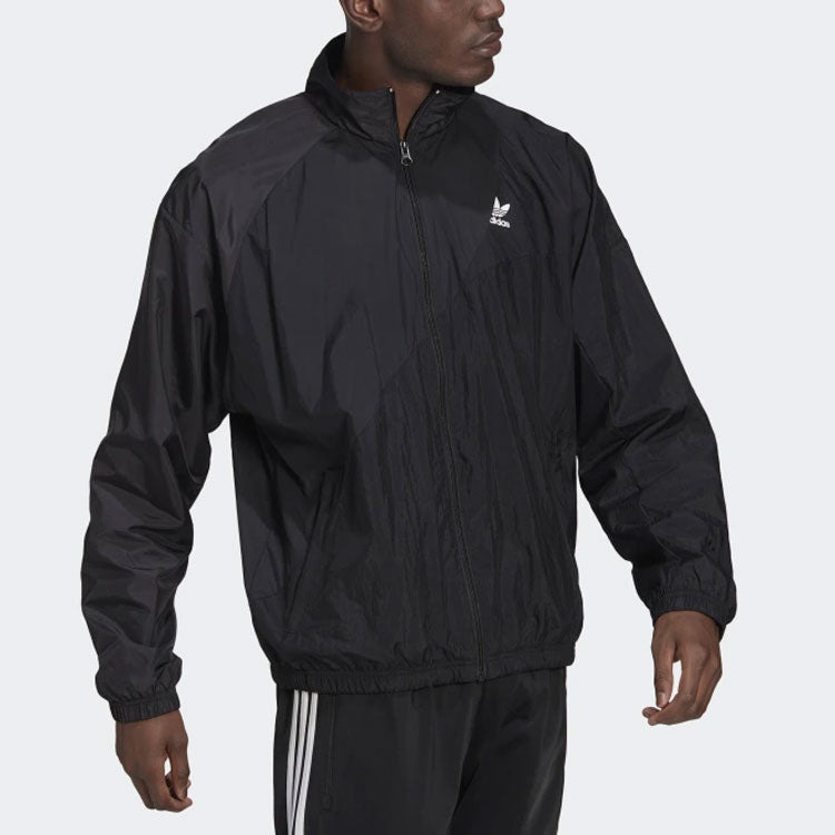 Men's adidas originals Solid Color Printing Long Sleeves Stand Collar Sports Black Jacket HE2952 - 4