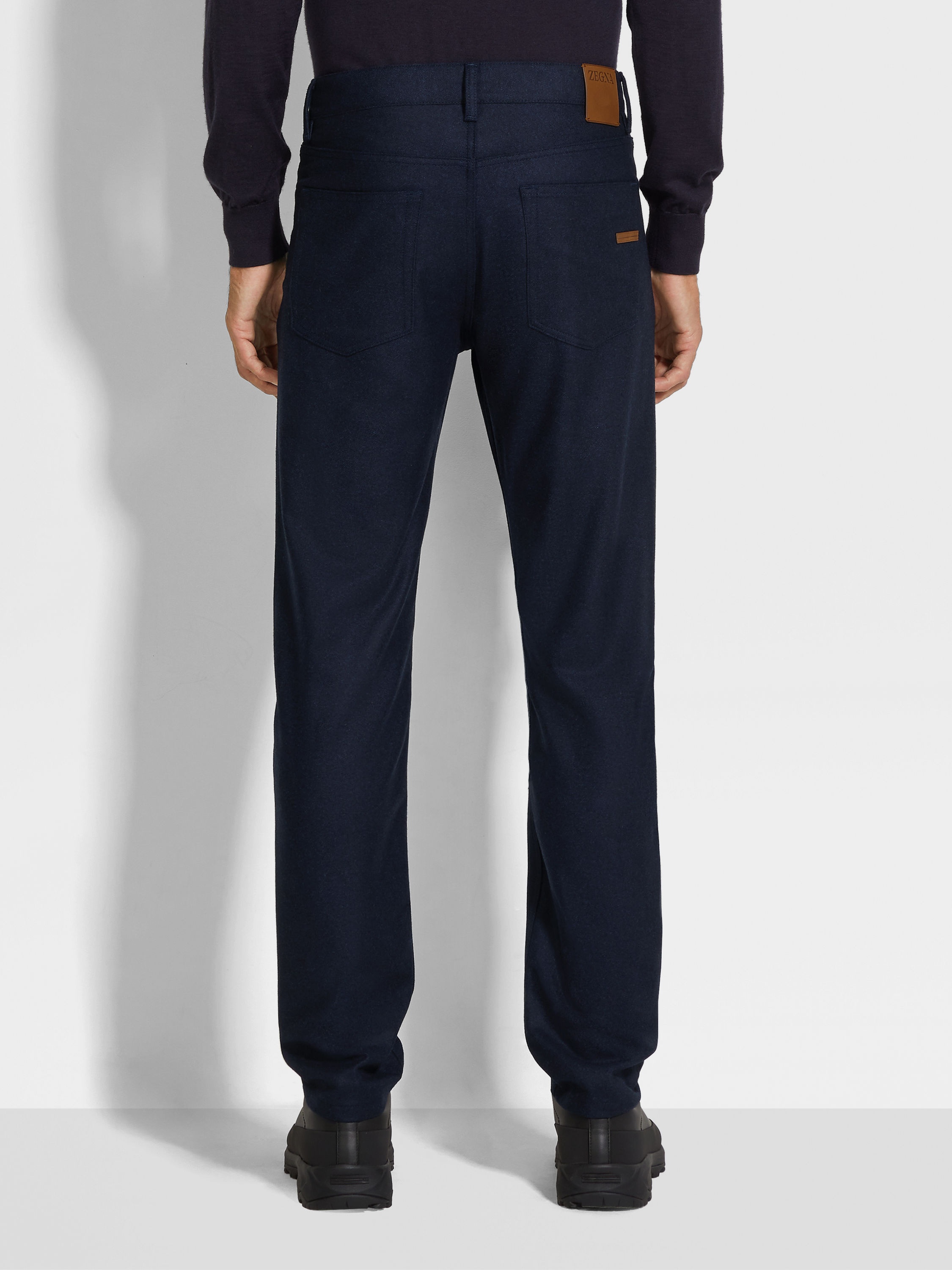 NAVY BLUE WOOL AND CASHMERE ROCCIA PANTS - 5
