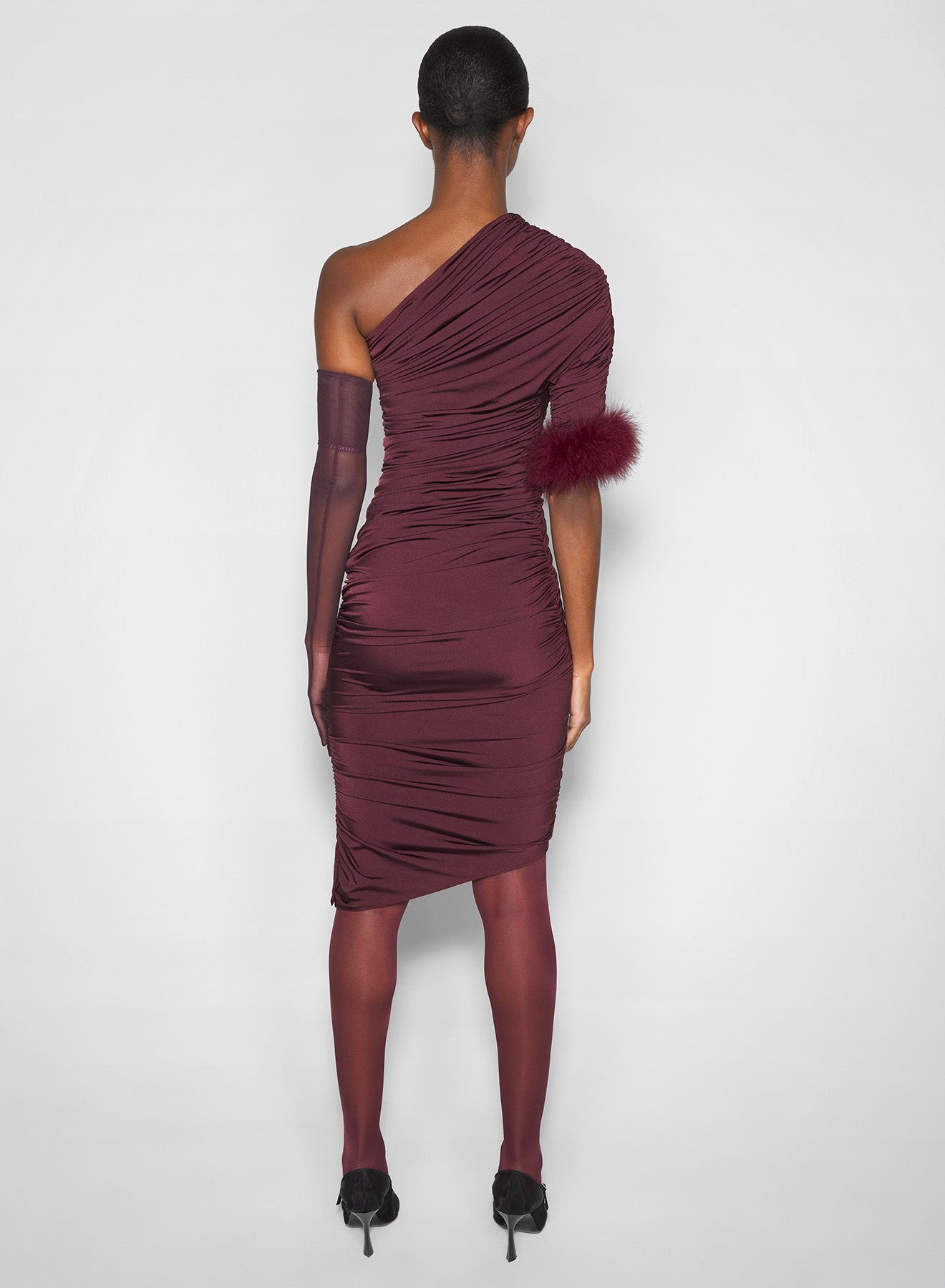 burgundy one-shoulder marabou dress - 4