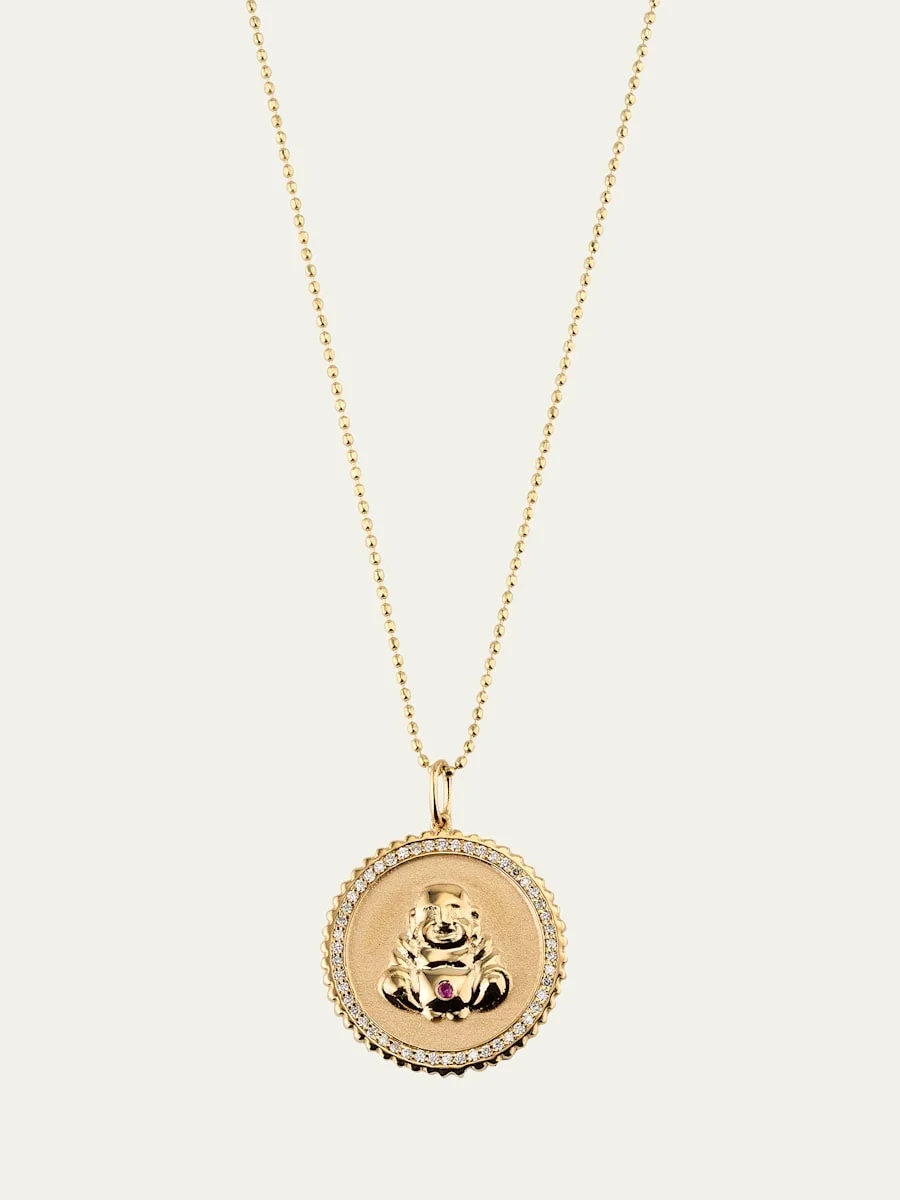 14k Buddha Coin Pendant Necklace with Diamonds - 1