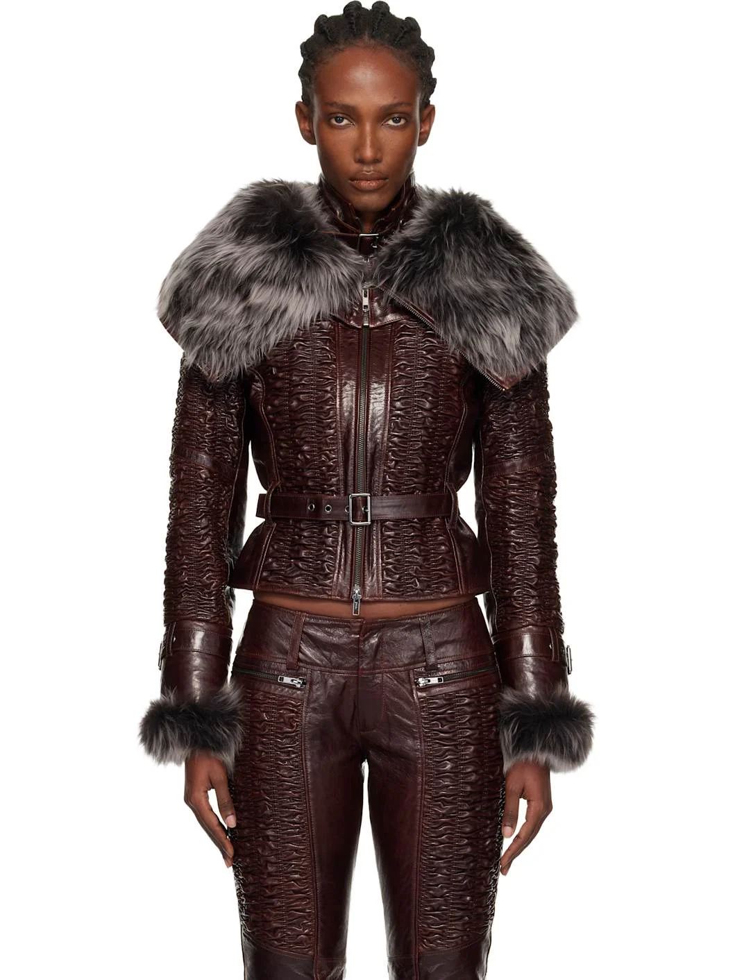 Brown Smocked Leather Jacket - 1