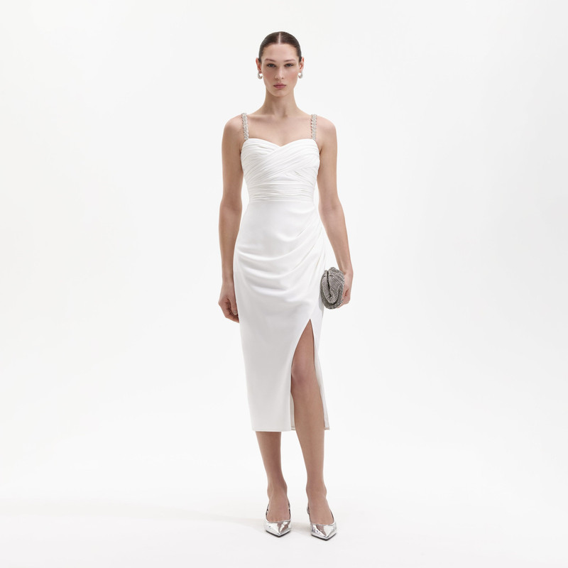 White Stretch Crepe Diamante Midi Dress 1