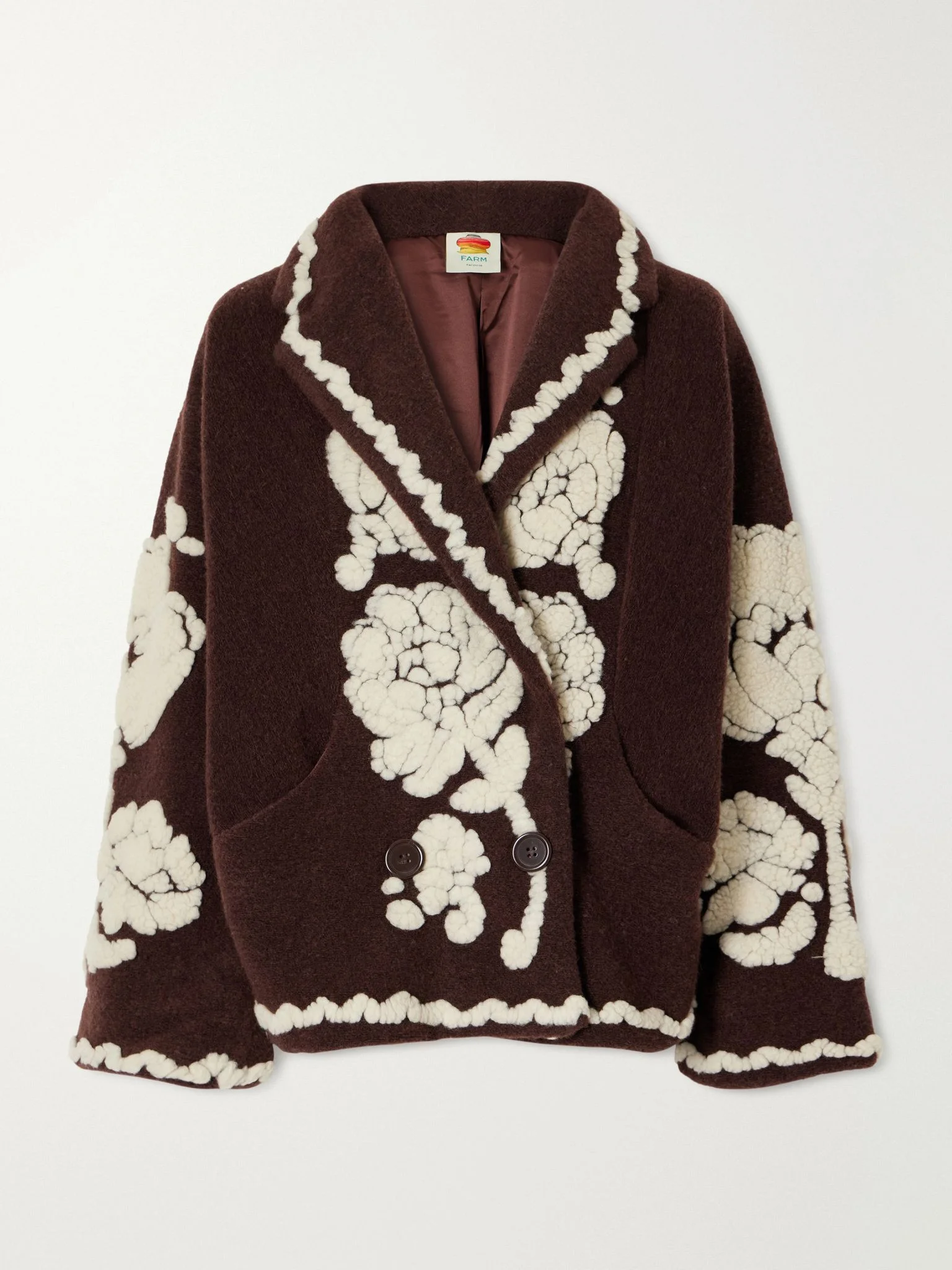 Double-breasted floral-appliquéd brushed fleece jacket Bronze - 1