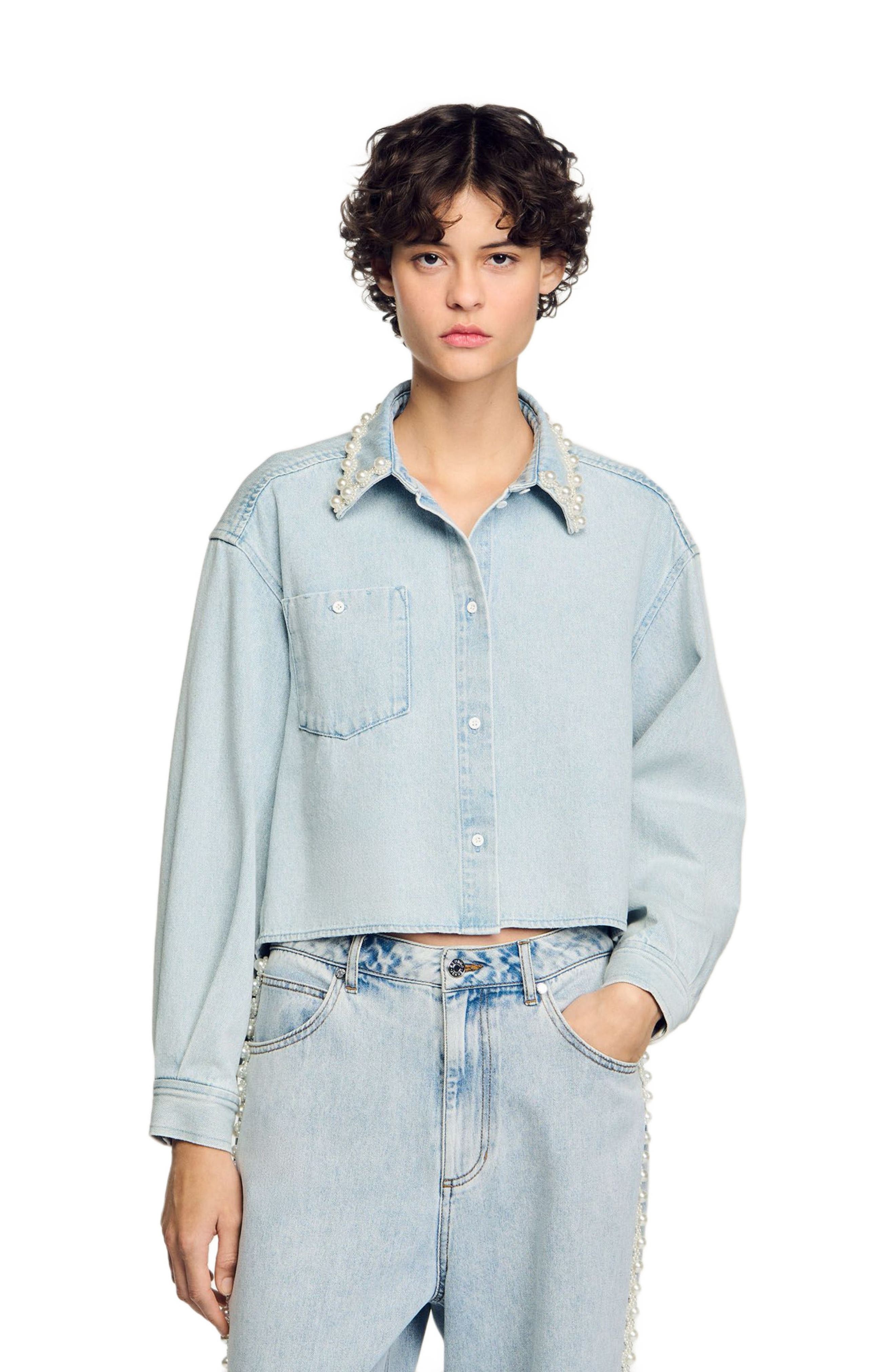 SANDRO Denim shirt with beaded collar in Light Bu Jean at Nordstrom - 3