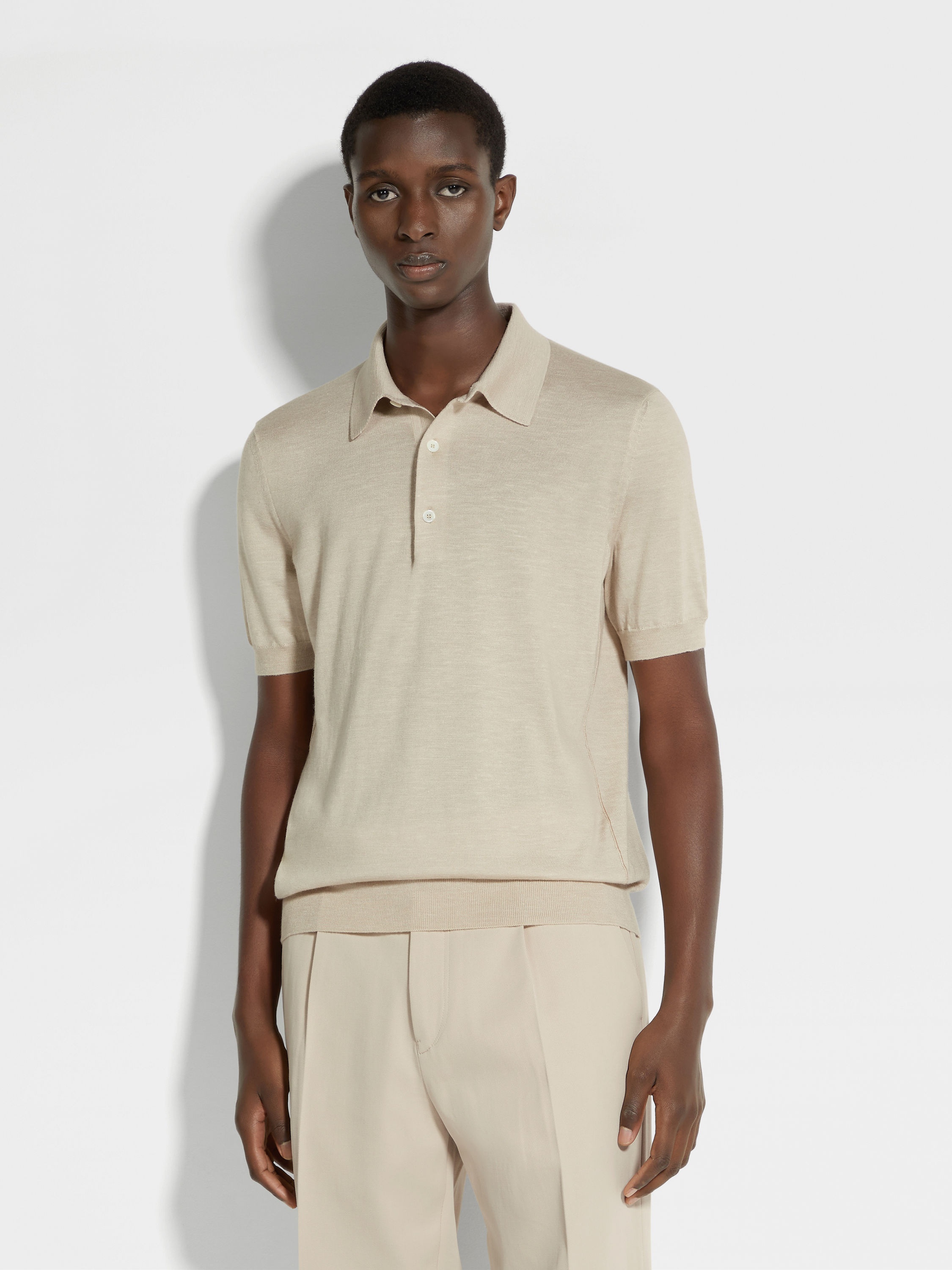 LIGHT BEIGE MÉLANGE SILK CASHMERE AND LINEN POLO SHIRT - 4