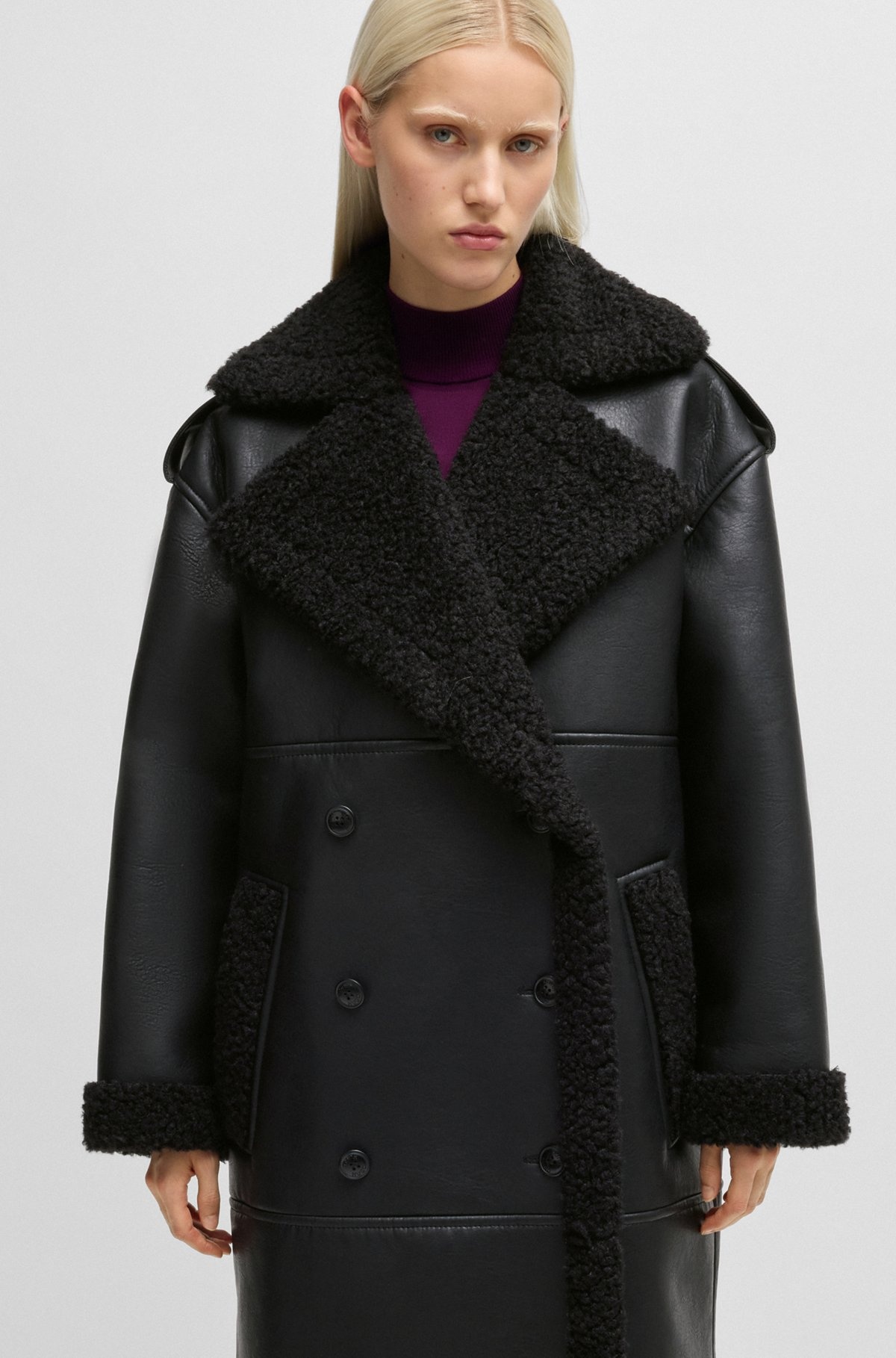 OVERSIZE-FIT FAUX-LEATHER COAT WITH FAUX-FUR TRIMS - 5