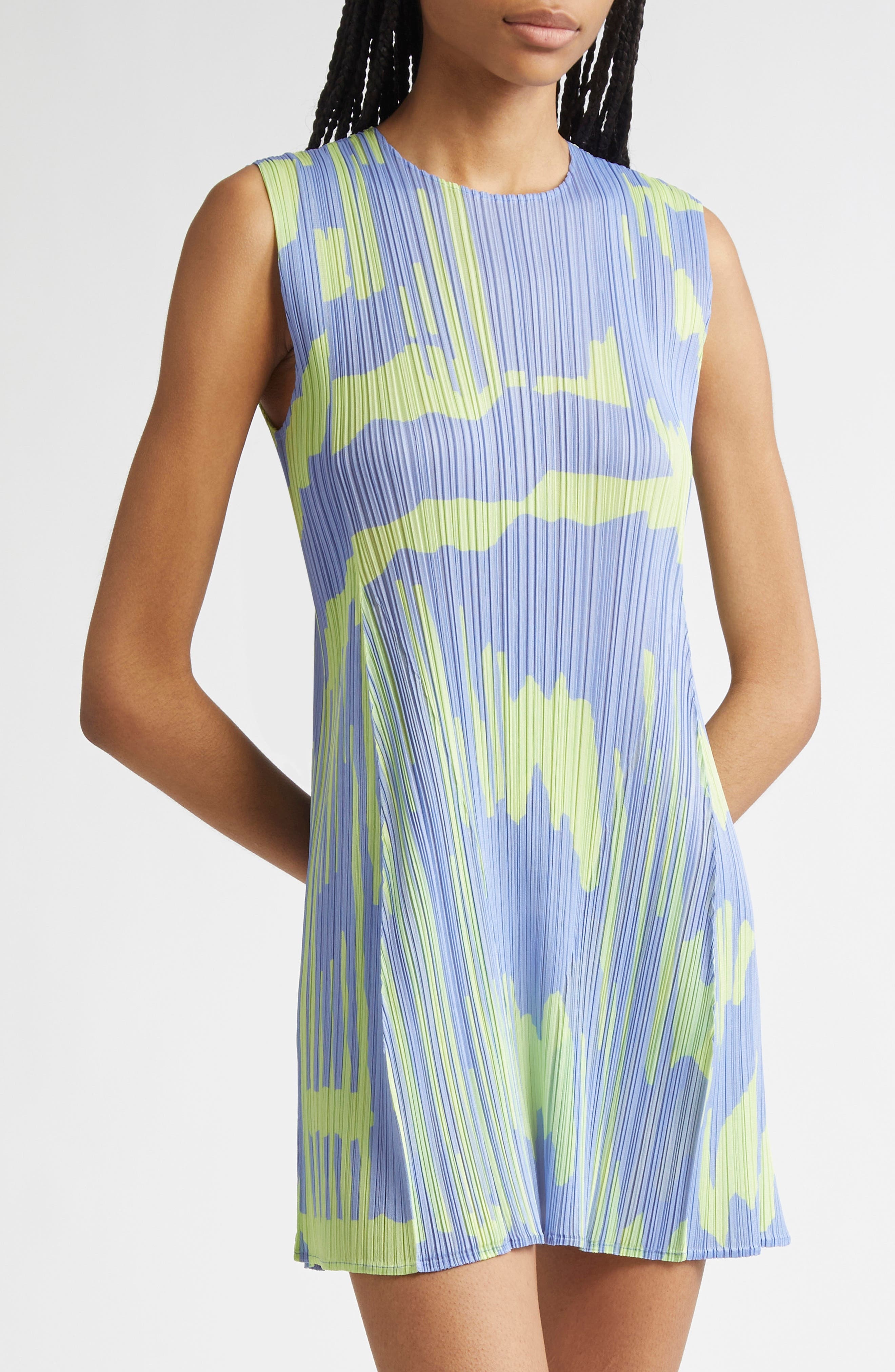 Pleats Please Issey Miyake Refraction Print Pleated Sleeveless Dress in Light Blue at Nordstrom - 5
