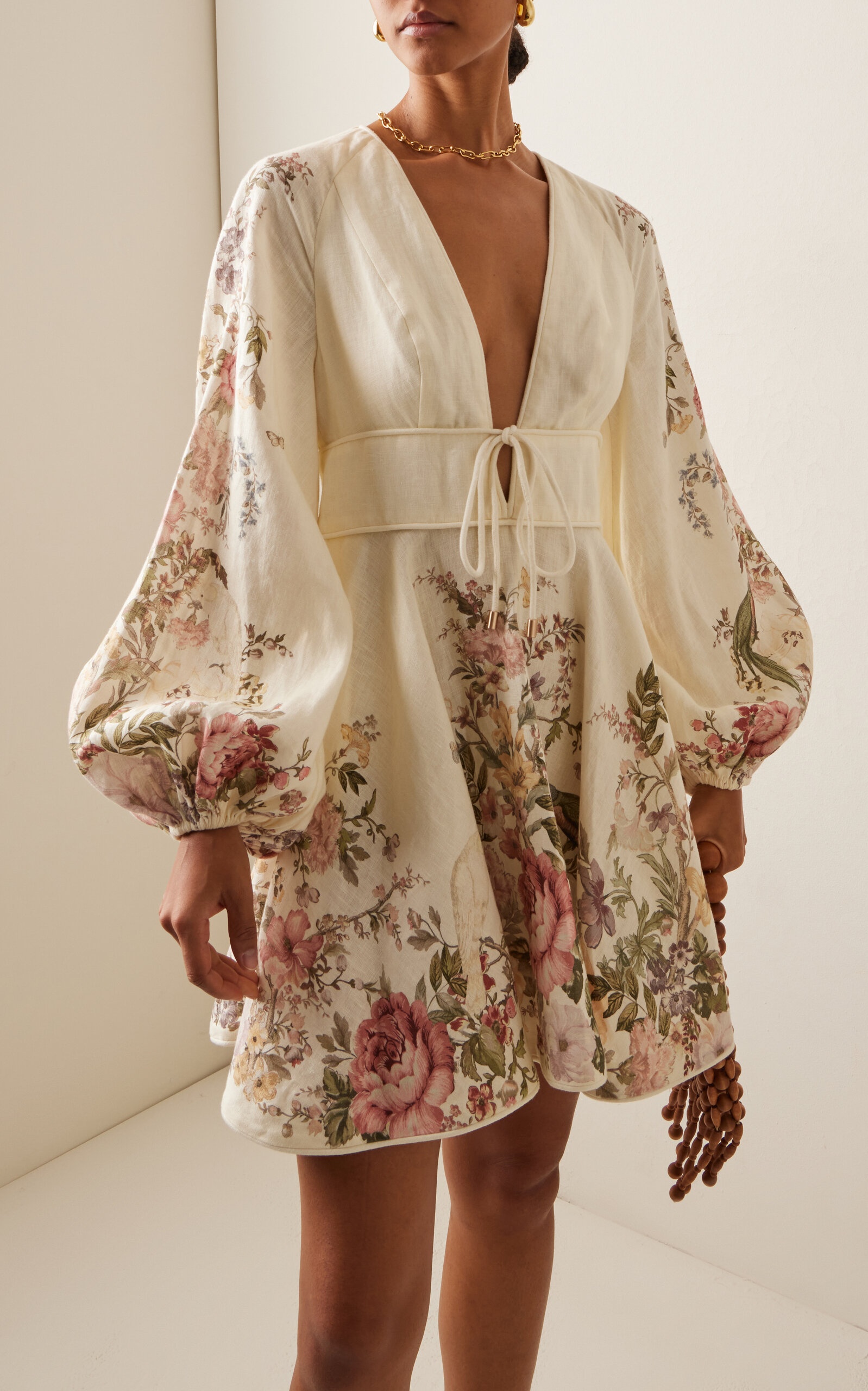 Zimmermann Waverly Plunged Linen Mini Dress floral