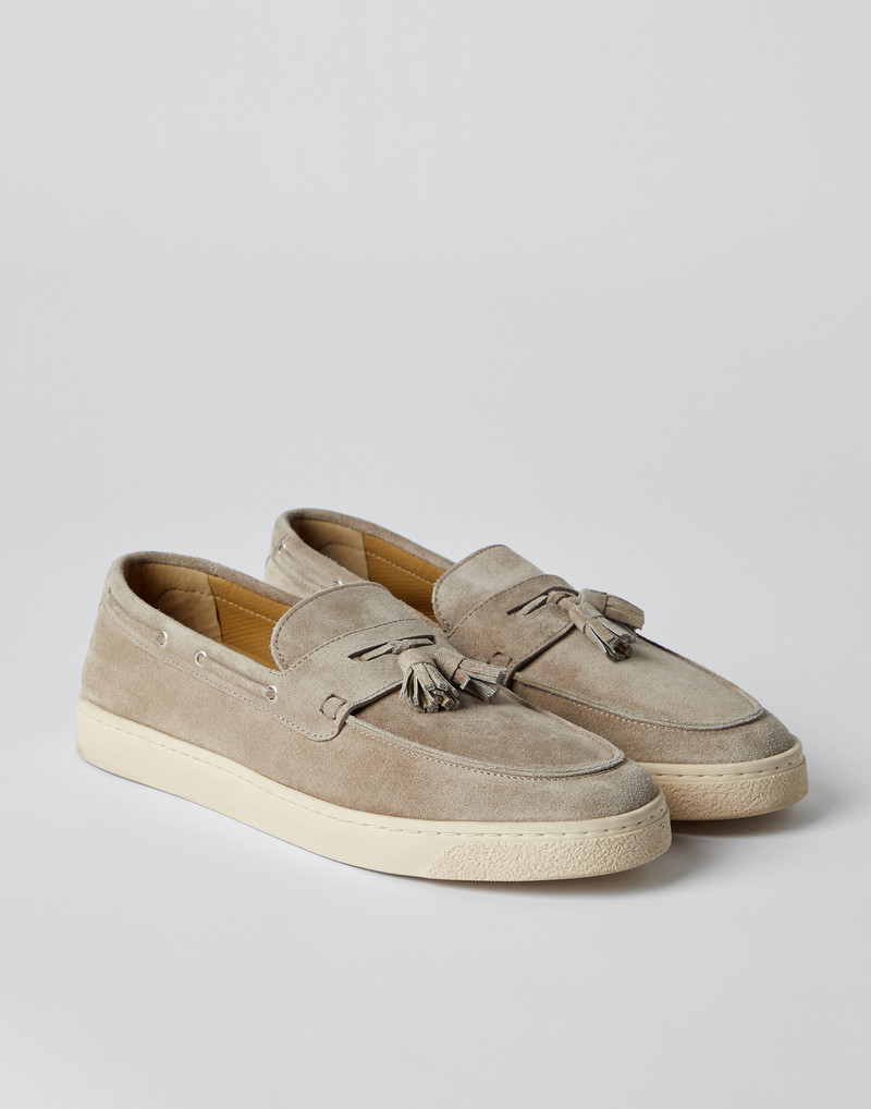 Brunello Cucinelli Suede loafer sneakers with tassels and natural rubber sole outlook