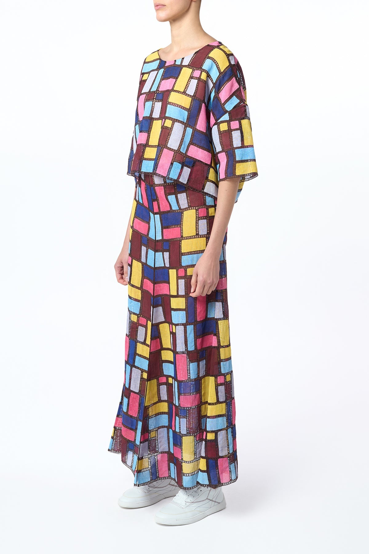 Tatia Patchwork Embroidered Cropped Top in Aurora Multi Linen - 4