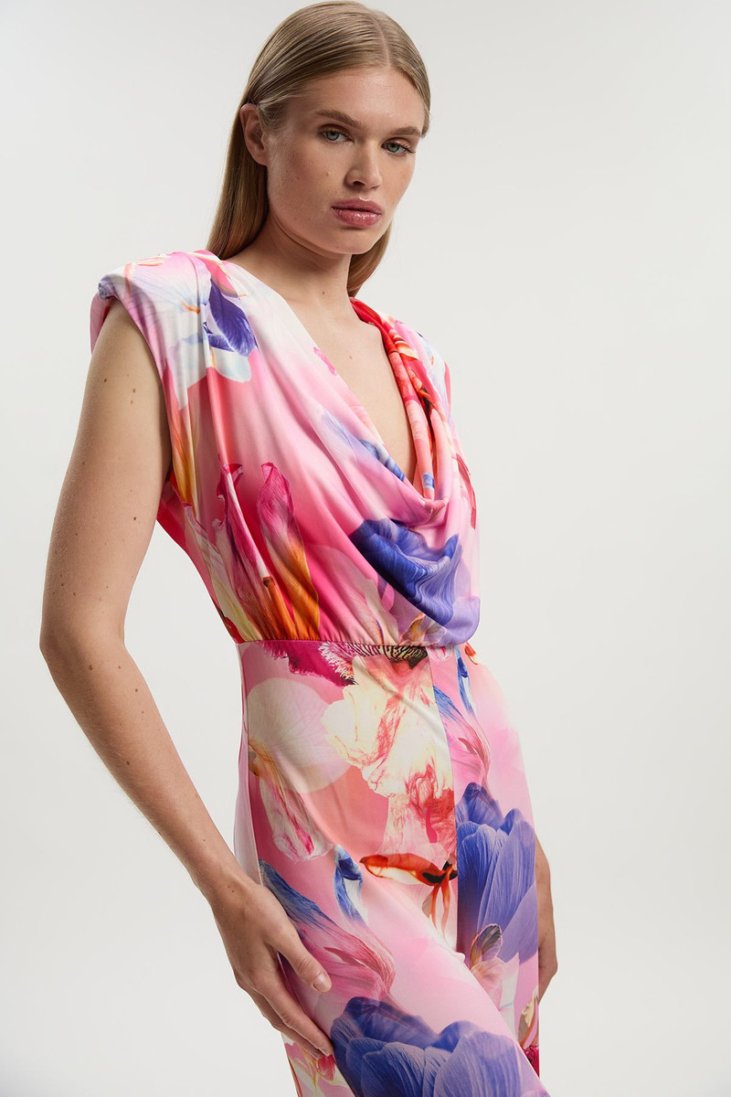 KAREN MILLEN Floral Printed Drapey Jersey Cowl Neck Wide Leg Jumpsuit outlook