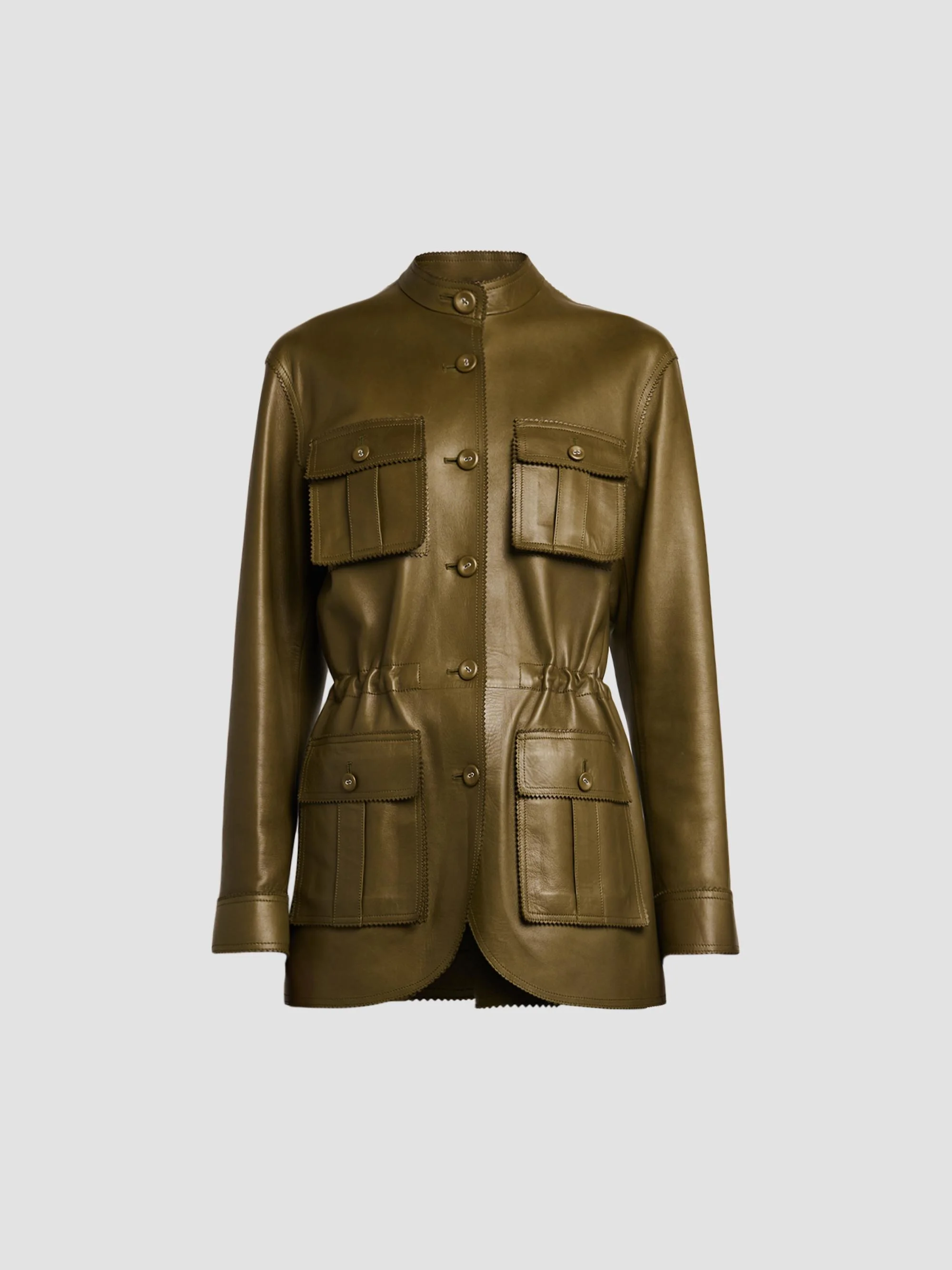 Women's Leather Tailored Safari Jacket - Dark Moss - 1