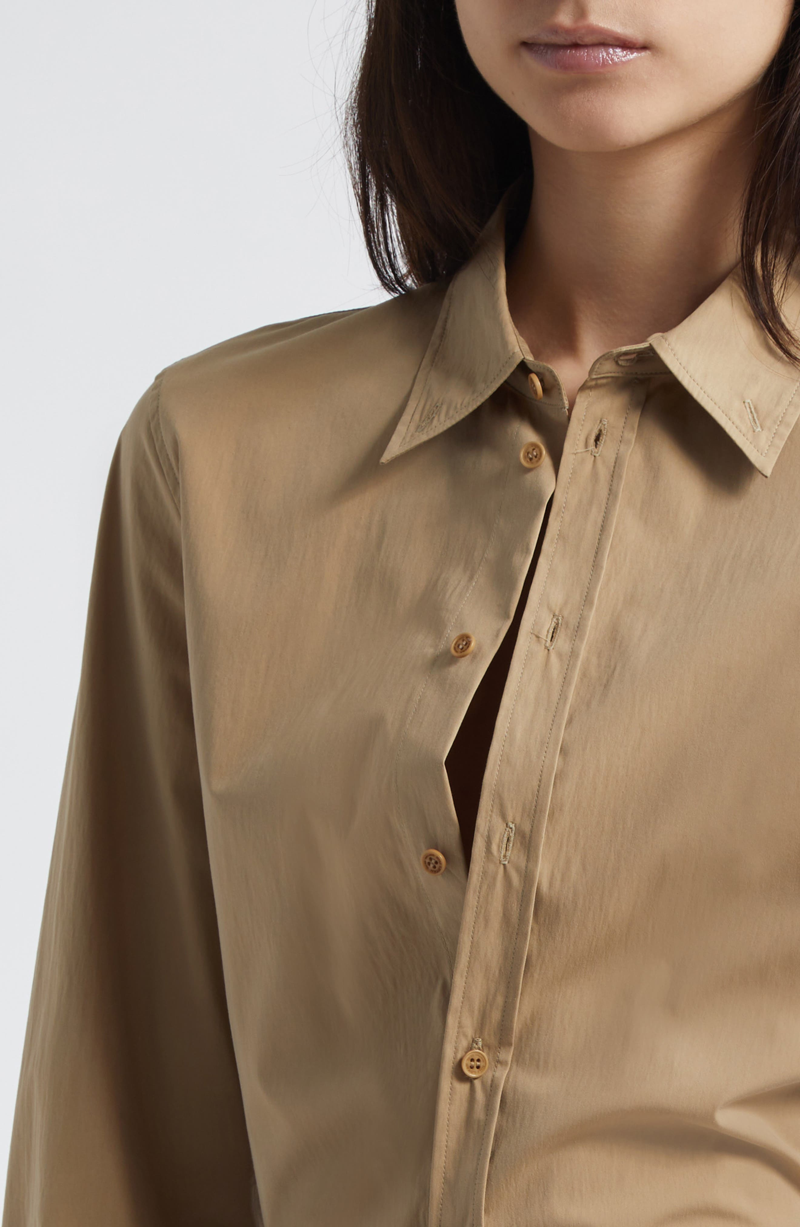 Nili Lotan Dyllan Shrunken Cotton Shirt in Khaki at Nordstrom - 4