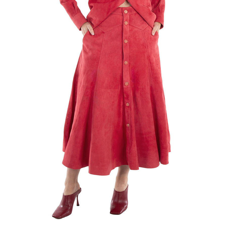 Chloe Ladies Scarlet Red Button-Up Suede Skirt, Brand Size 36 (US Size 4) - 3