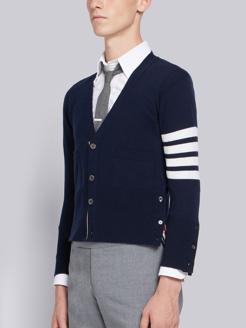 Thom Browne Navy Cashmere 4-bar Short V-neck Cardigan outlook