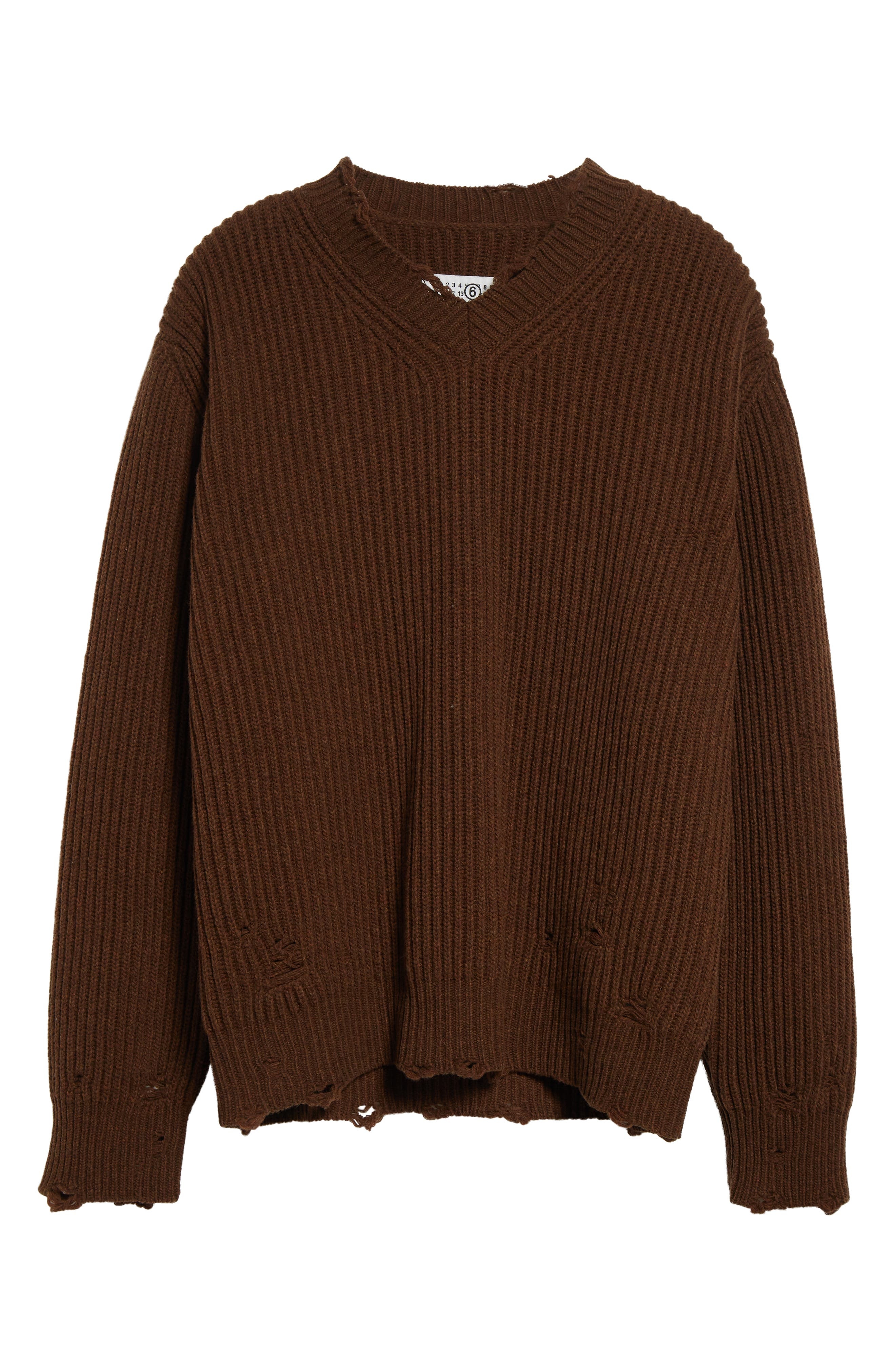 MM6 Maison Margiela Distressed Wool Blend V-Neck Sweater in Brown Melange at Nordstrom - 6