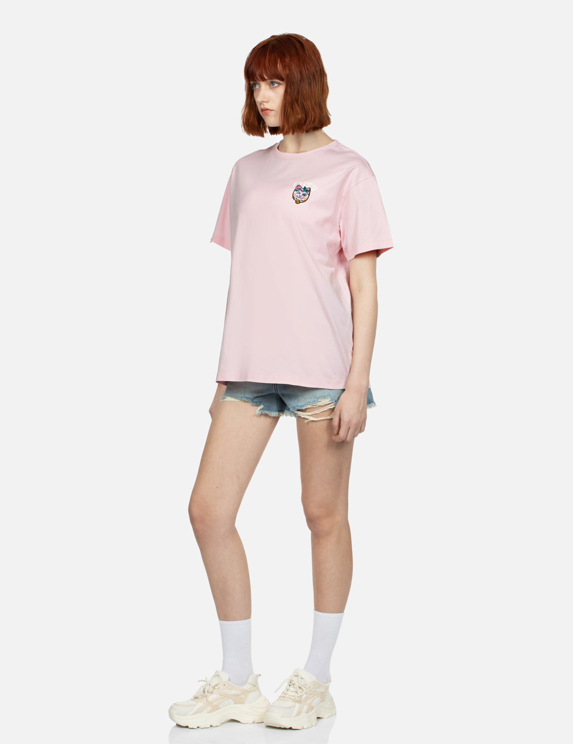 LOGO PRINT AND FORTUNE CAT EMBROIDERY BADGE BOYFRIEND T-SHIRT - 3