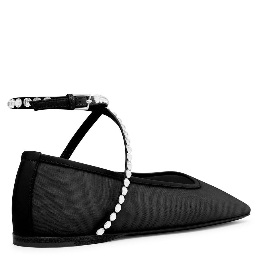 Amina Muaddi Ladies Mesh Black / White Ane Crystal Mesh Flats - 3