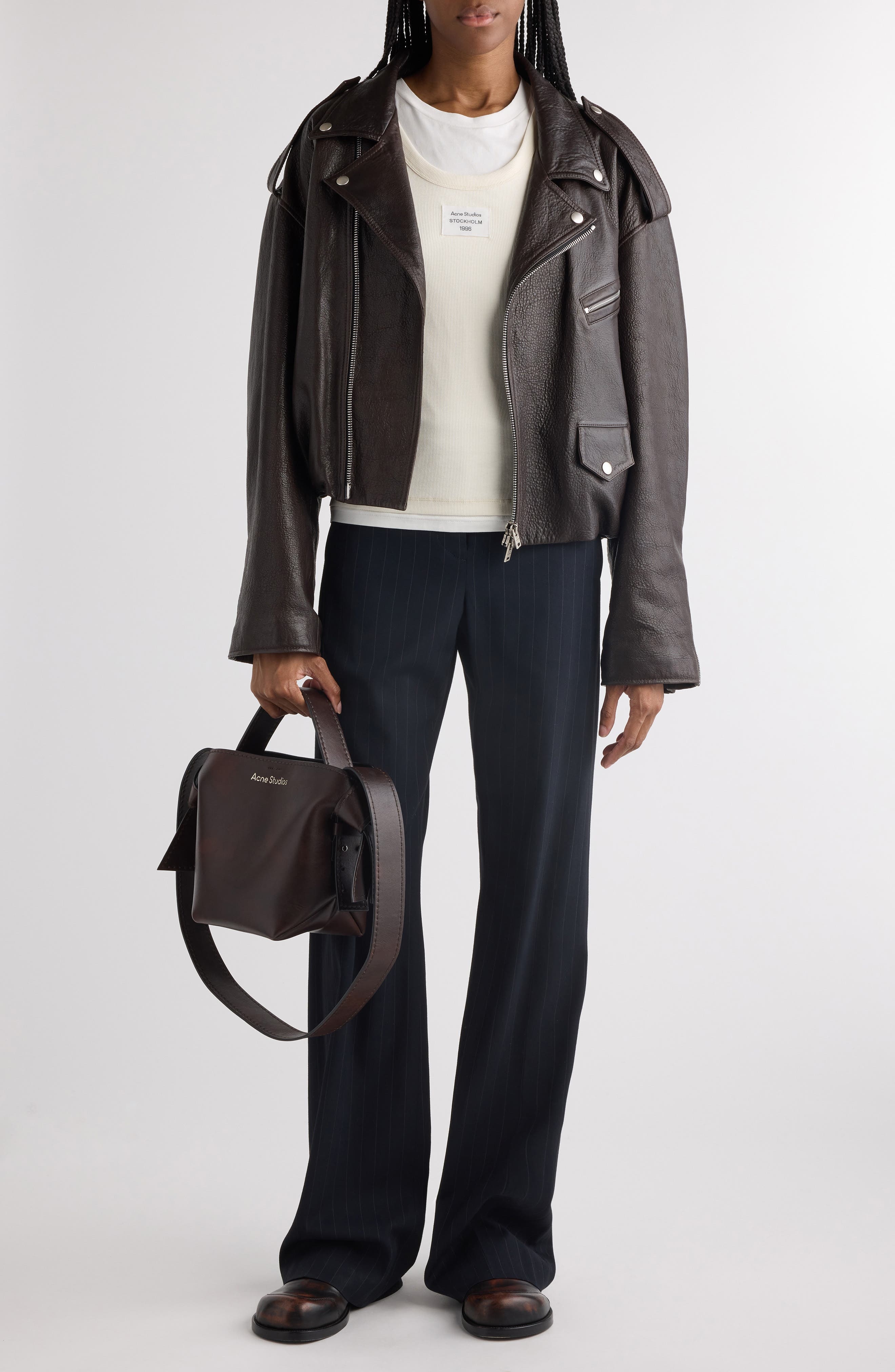 Acne Studios Liso Leather Crop Moto Jacket in Dark Brown at Nordstrom - 2