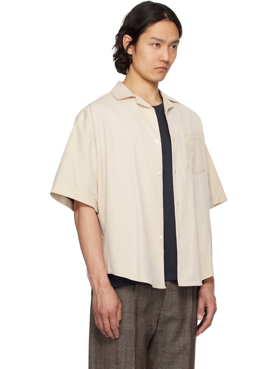 Beige Cotton Short Sleeve Boxy Shirt - 2