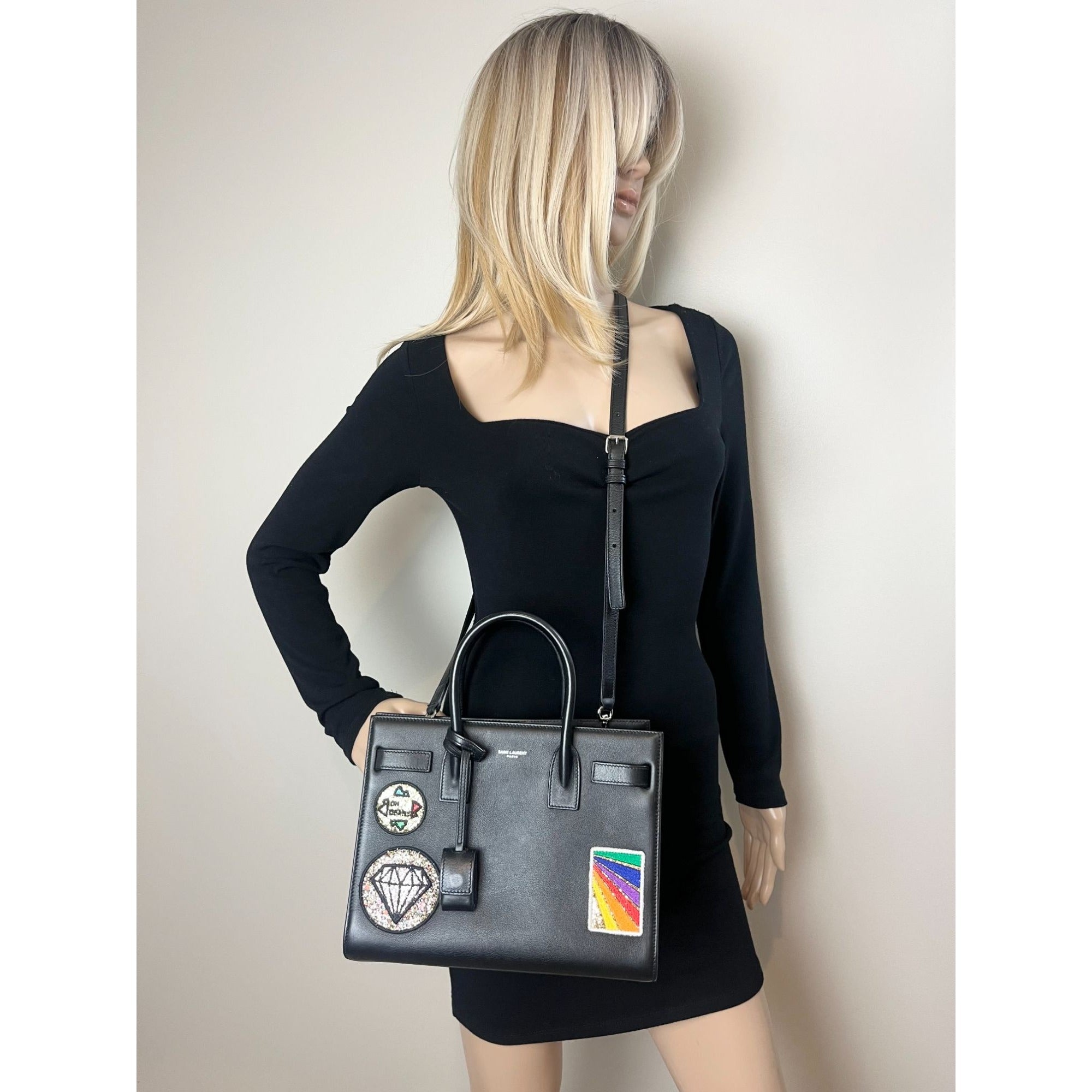 Saint Laurent Sac De Jour Embellished Patches Baby Black Leather Shoulder Bag - 11