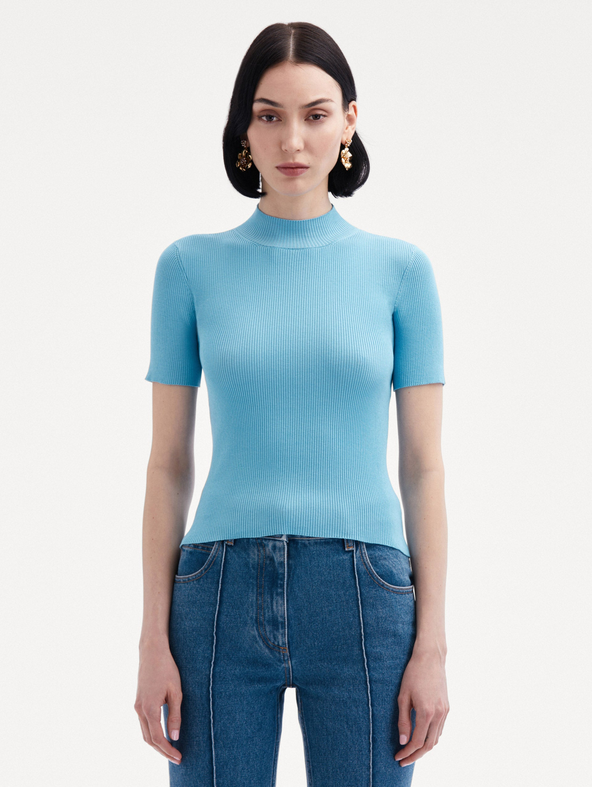 SHORT SLEEVE MOCK NECK RIBBED PULLOVER - 2