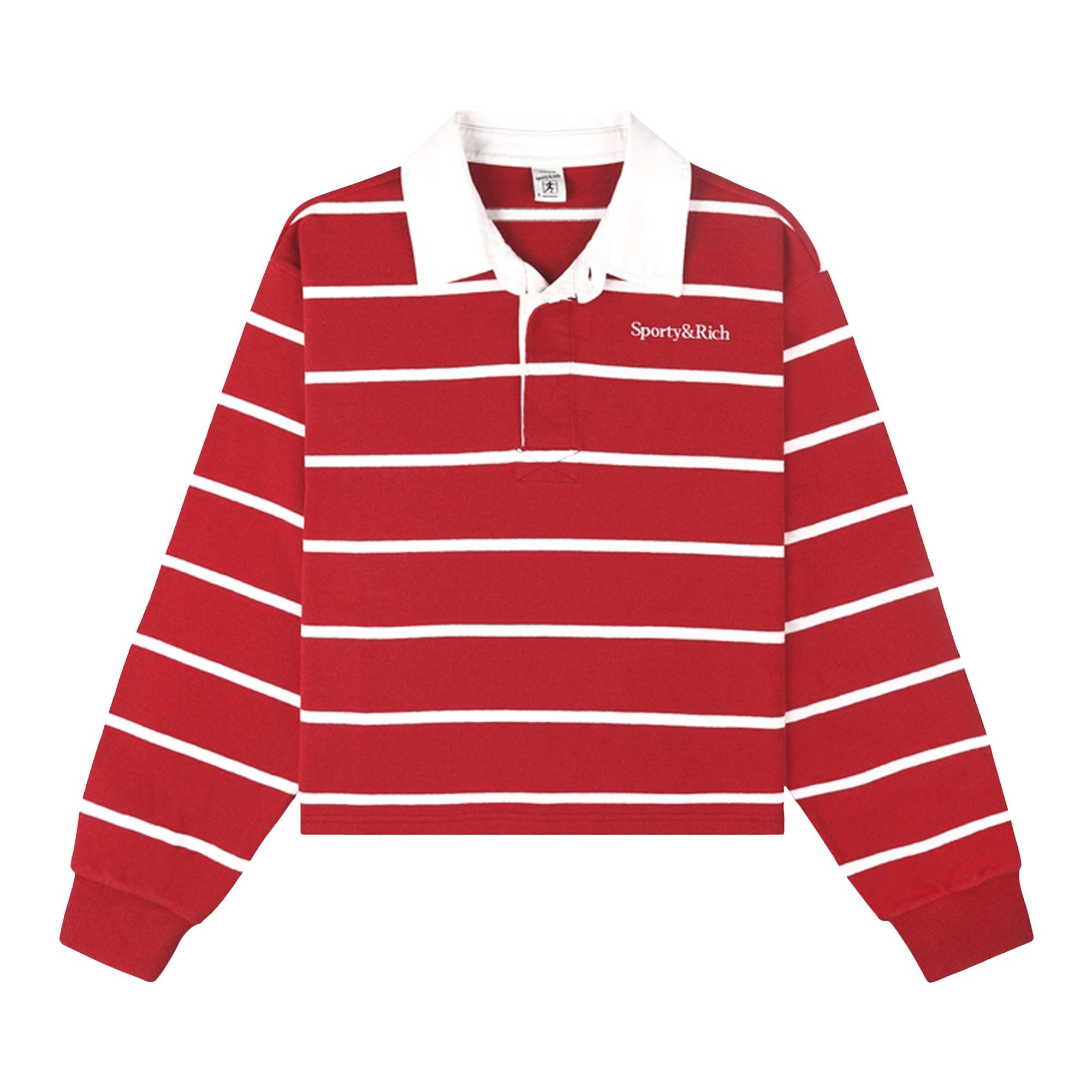 Sporty & Rich Serif Logo Cropped Rugby Polo 'Ruby/White' - 1