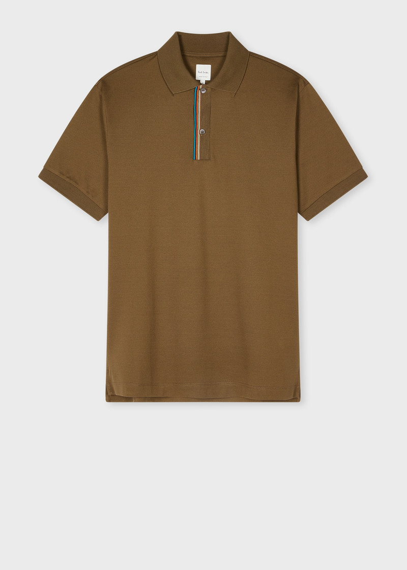 Dark Khaki 'Signature Stripe' Trim Polo Shirt - 1
