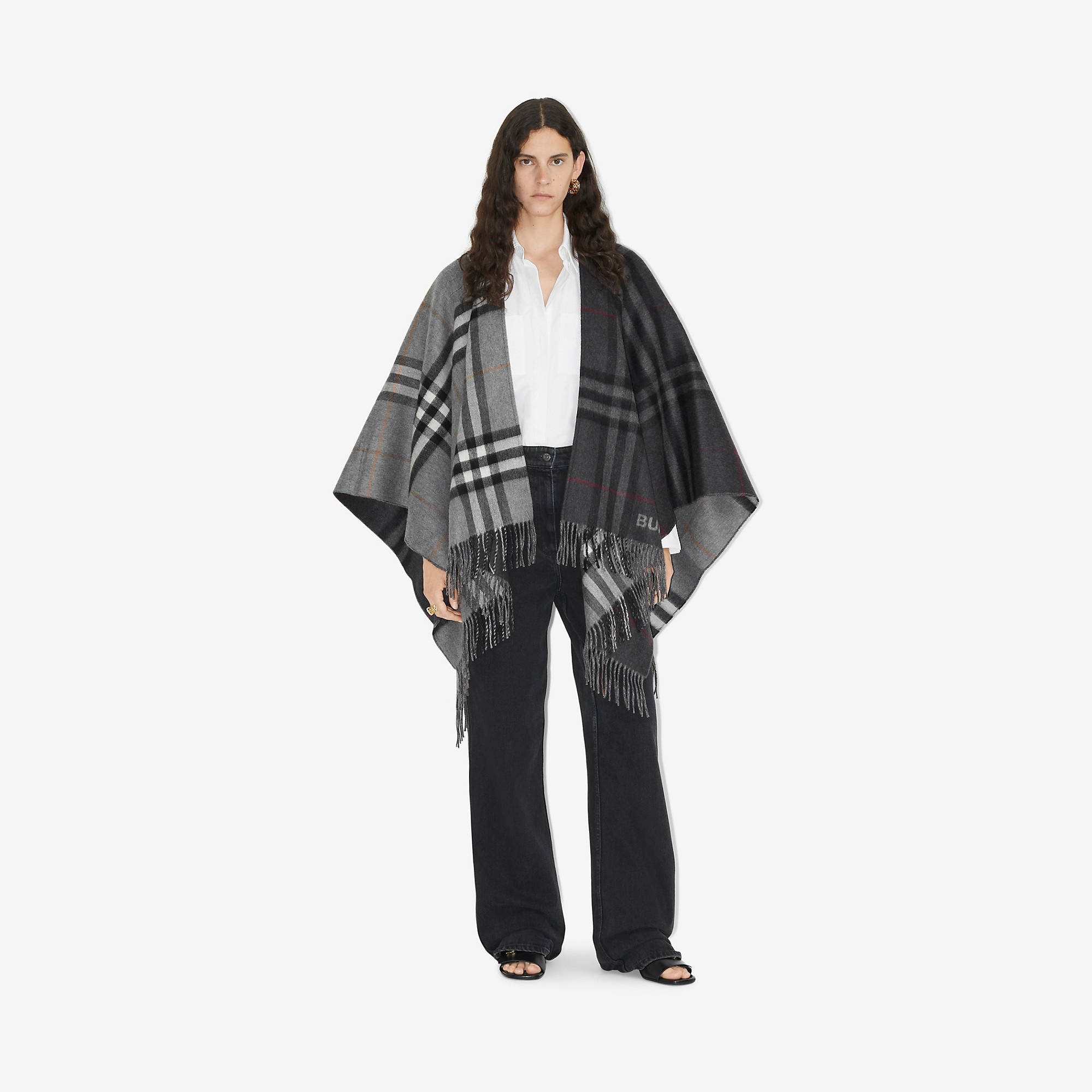 Contrast Check Wool Cashmere Jacquard Cape - 2