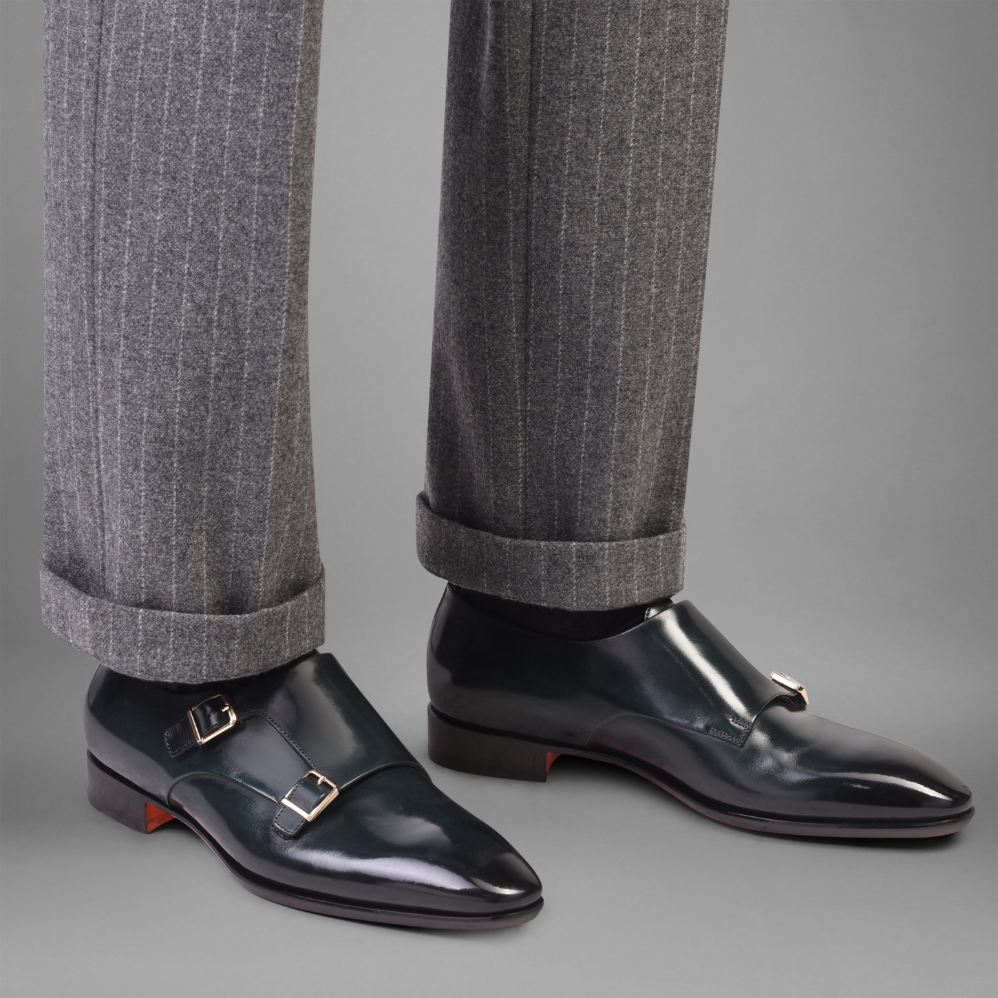 Men's green leather double buckle shoe - 2
